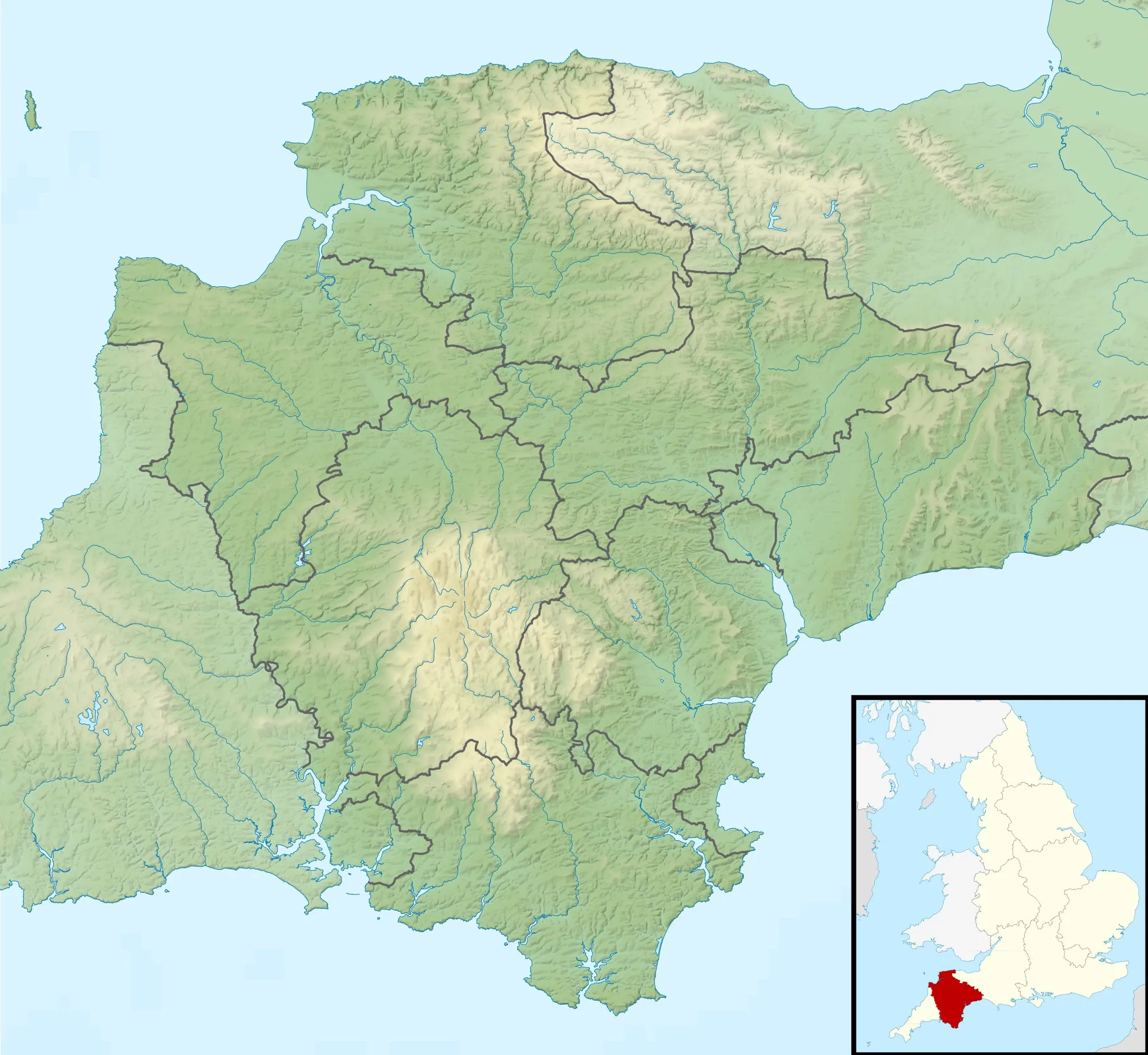 Photo showing: Relief map of Devon, UK.
Equirectangular map projection on WGS 84 datum, with N/S stretched 150%
Geographic limits:

West: 4.72W
East: 2.86W
North: 51.3N
South: 50.16N