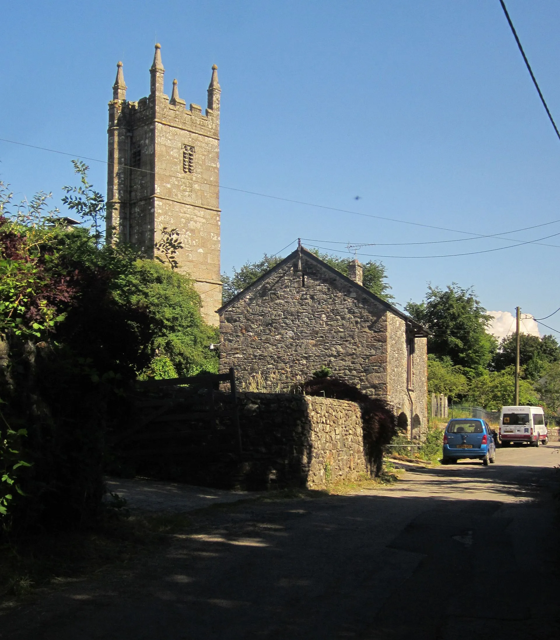 Photo showing: Barn and church, Mary Tavy
