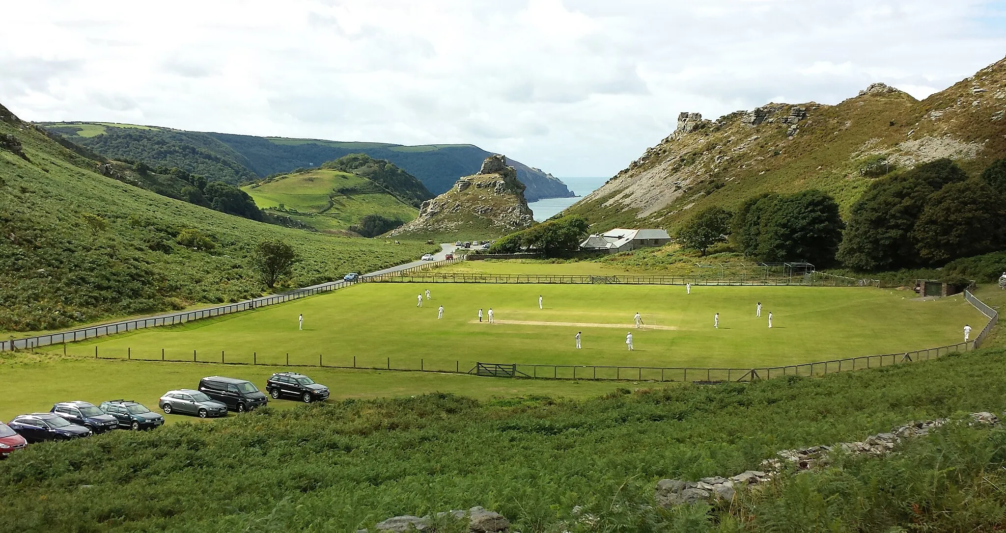 Photo showing: A cricket match in progress on the Lynton and Lynmouth cricket ground in the Valley of the Rocks