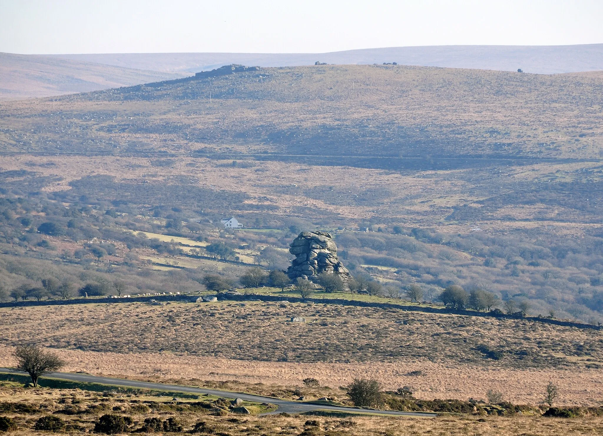 Photo showing: Vixen Tor (foreground) and Leeden Tor on Dartmoor, seen from the slopes of Cox Tor.