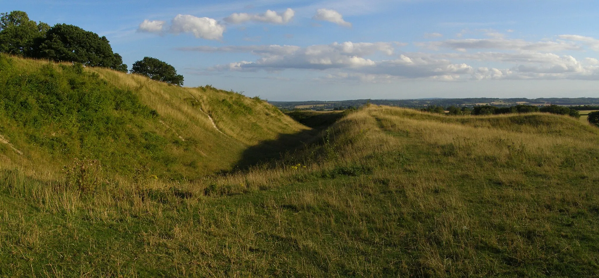 Photo showing: Atlas of Hillforts 3580 Ditches and ramparts at Badbury Rings - looking to the right as you go in through the hillfort entrance.