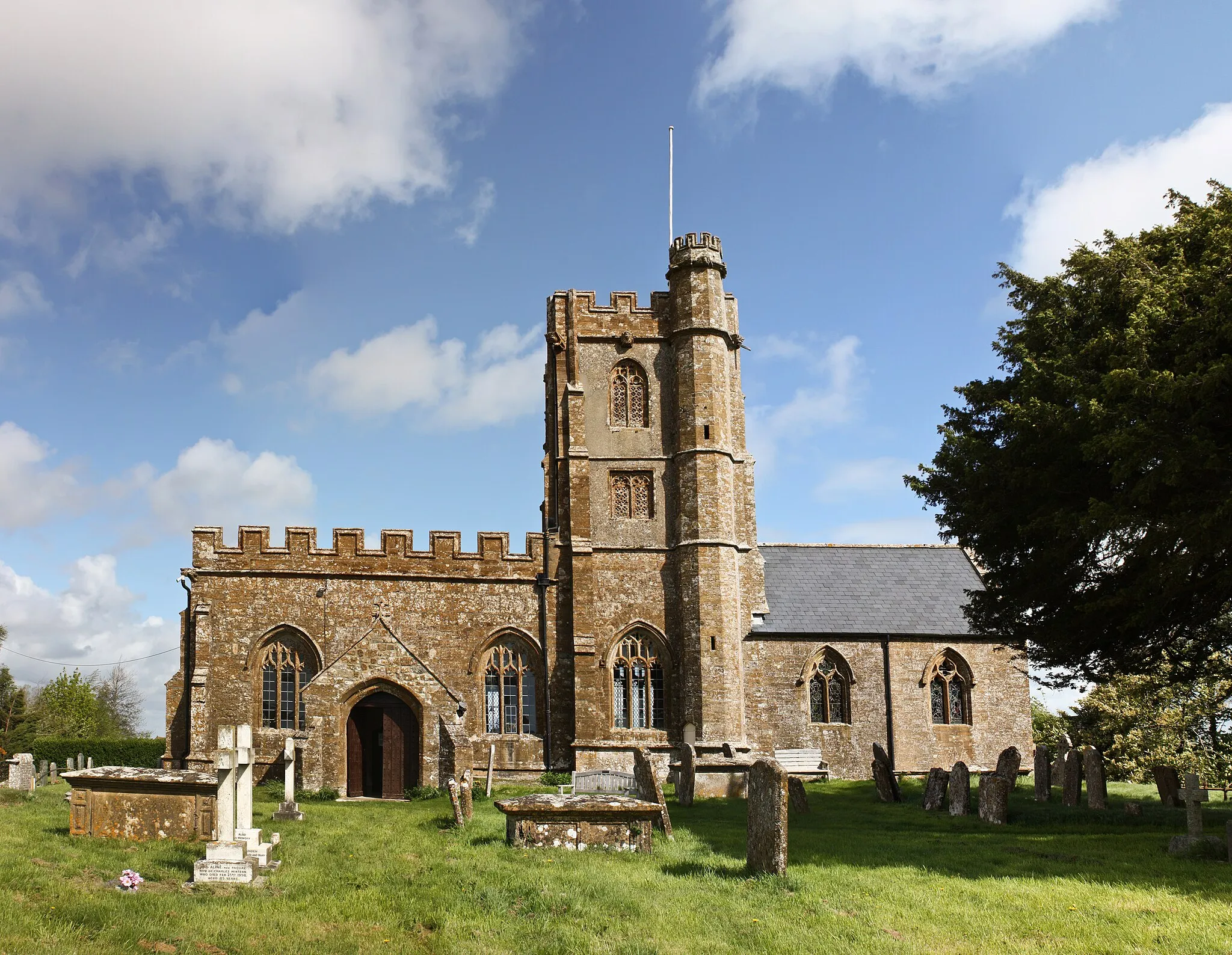 Photo showing: Parish church of St John the Evangelist and All Saints, Kingstone, Somerset, seen from the south. Image stitched from nine separate photographs.