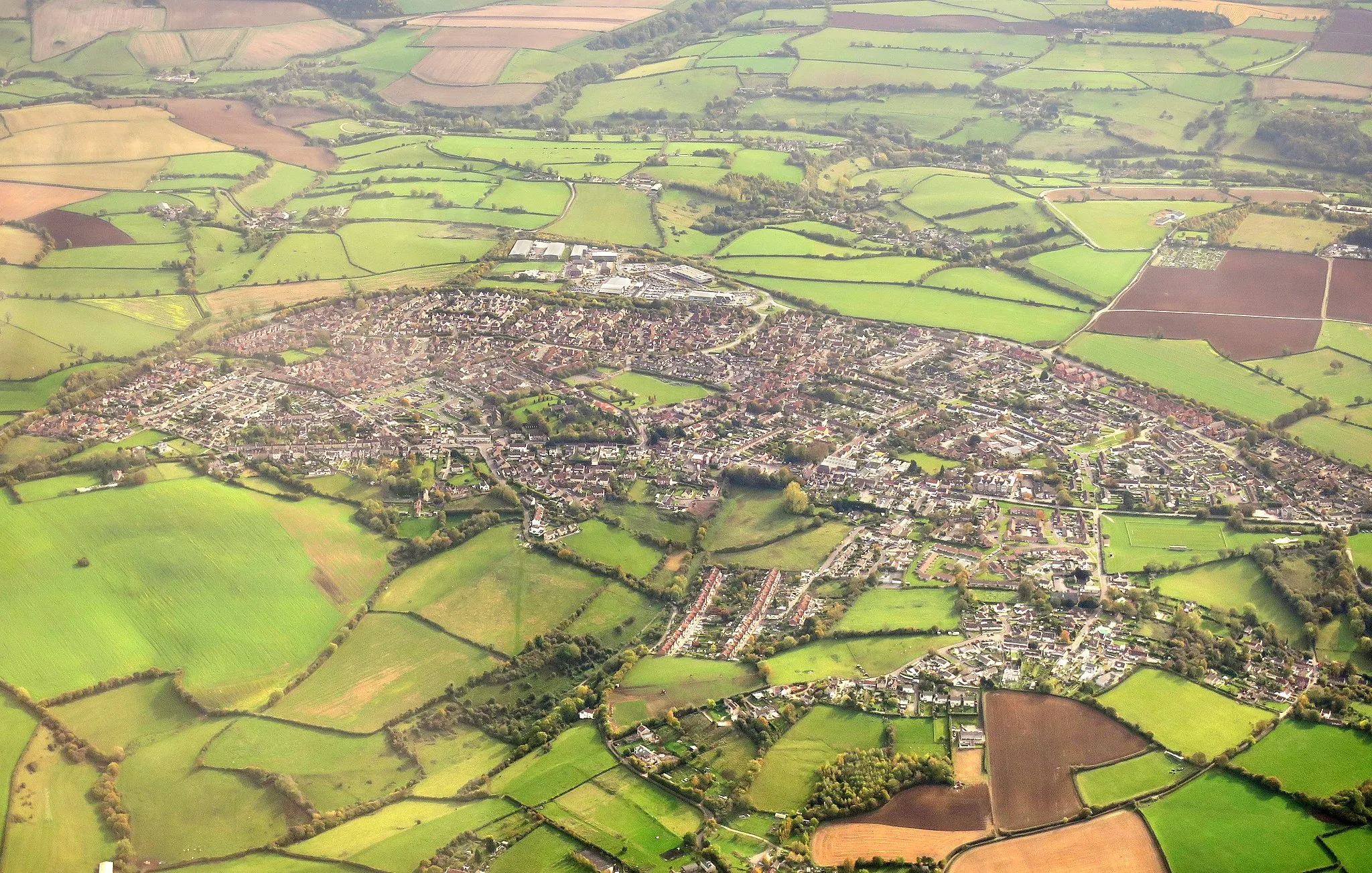 Photo showing: An aerial view of Peasedown St John, near Bath in the UK.