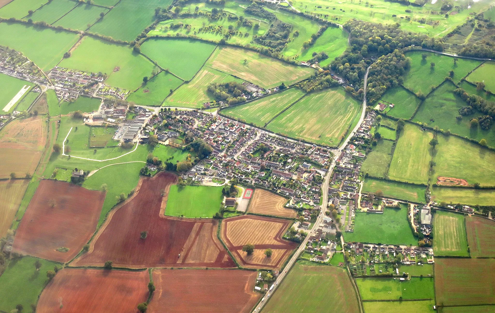 Photo showing: An aerial view of the village of Farrington Gurney in England.