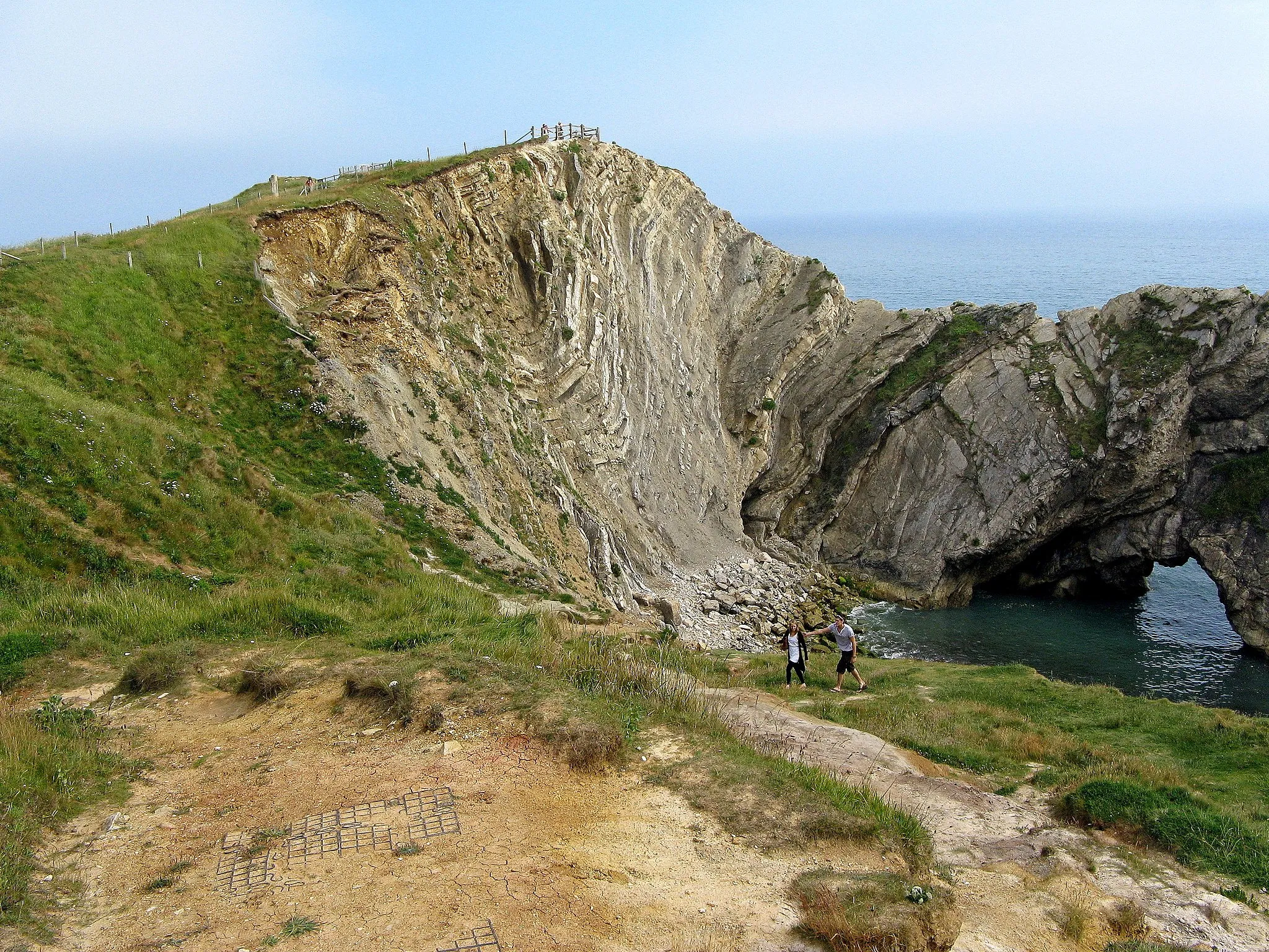 Photo showing: East end of Stair Hole, Dorset, England. Scale is seen by comparing with the two people on top (there is a long way between the foreground people and the crumple).