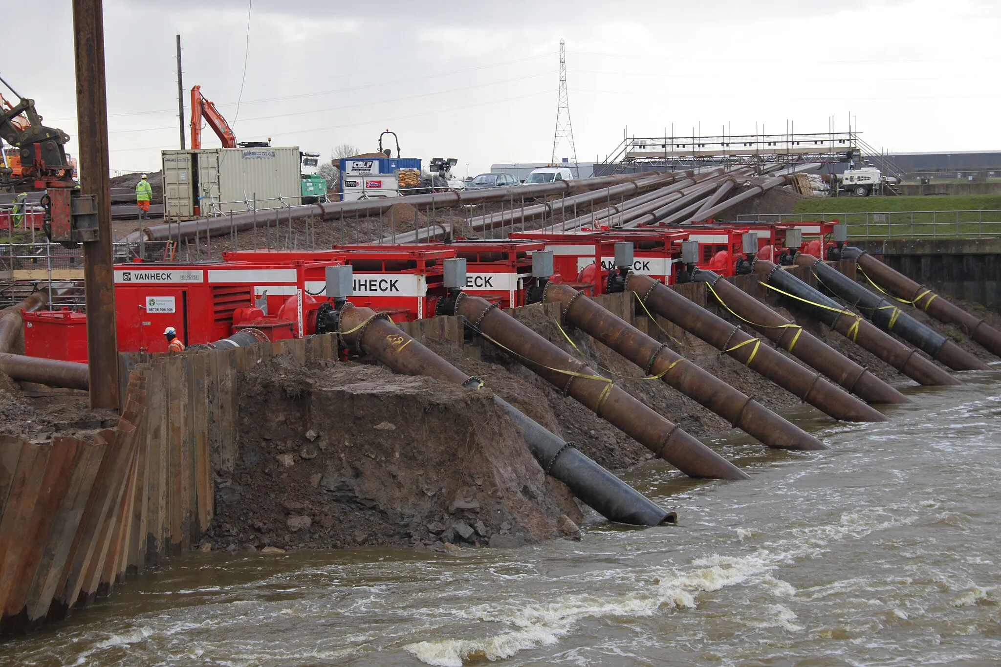 Photo showing: 8 high-output Dutch pumps removing floodwater at Dunball Somerset