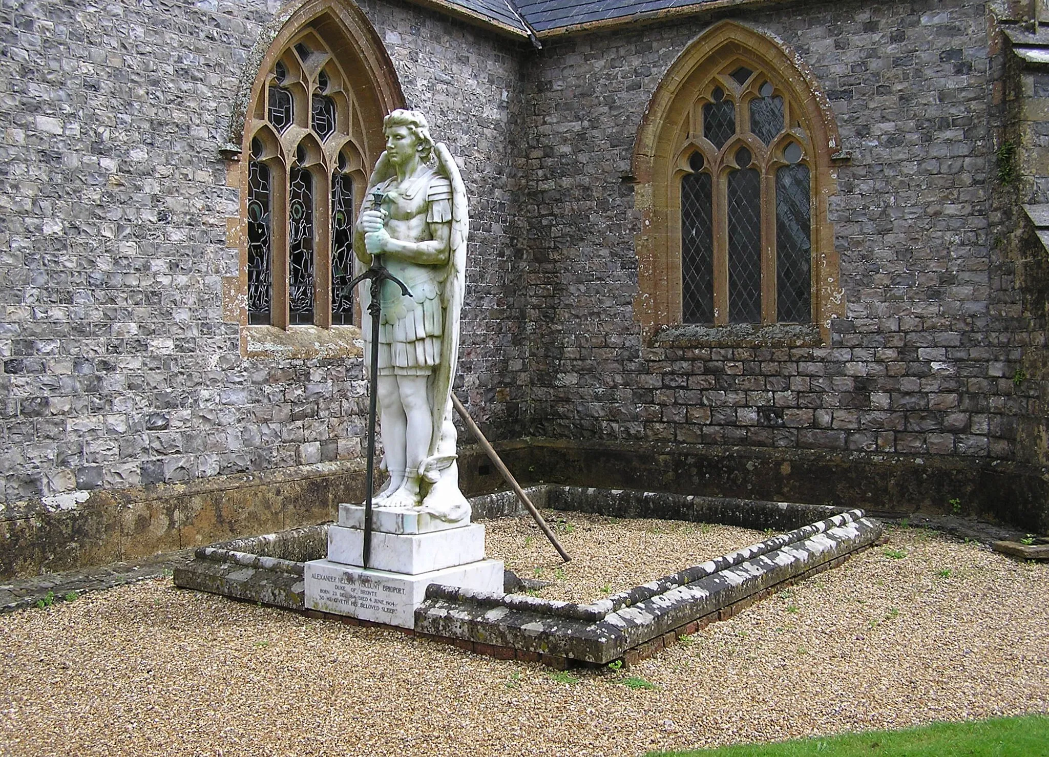 Photo showing: White marble monument to Alexander Nelson Hood, 4th Duke of Bronte, at the Parish Church of Saint Thomas, in Cricket Saint Thomas, Somerset, England. Note that this church is (as of 2008) inside the Warner Breaks Holiday Village complex, but the public are free to visit it. 
The inscription says: Here rests Alexander Nelson Viscount Bridport. Duke of Bronte
Born 23 Dec 1814. Died 4 June 1904. So he giveth his beloved sleep.
Taken by Adrian Pingstone in July 2007 and placed in the public domain.