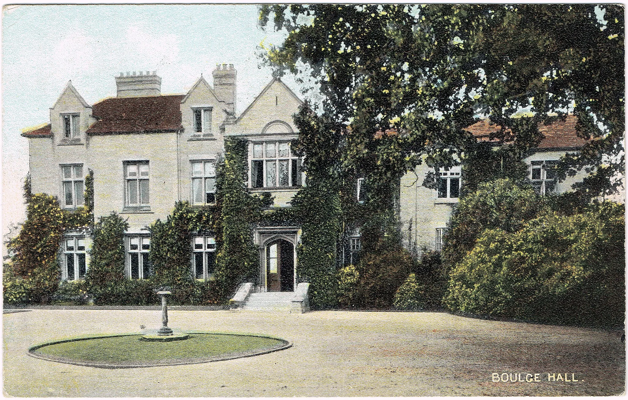 Photo showing: Boulge Hall - colourized postcard ("Christchurch" Pictorial Post Cards: "Naturette" Series) posted October 1905