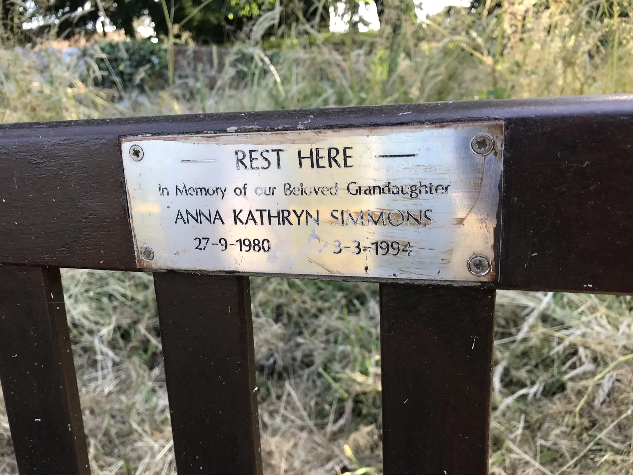 Photo showing: REST HERE
In Memory of our Beloved Grandaughter
ANNA KATHRYN SIMMONS
27-9-1980             3-3-1994