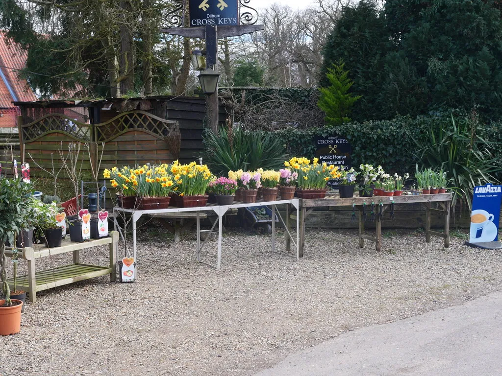 Photo showing: A flower stall in the front of the Cross Keys public house in the village of Dilham, Norfolk, England