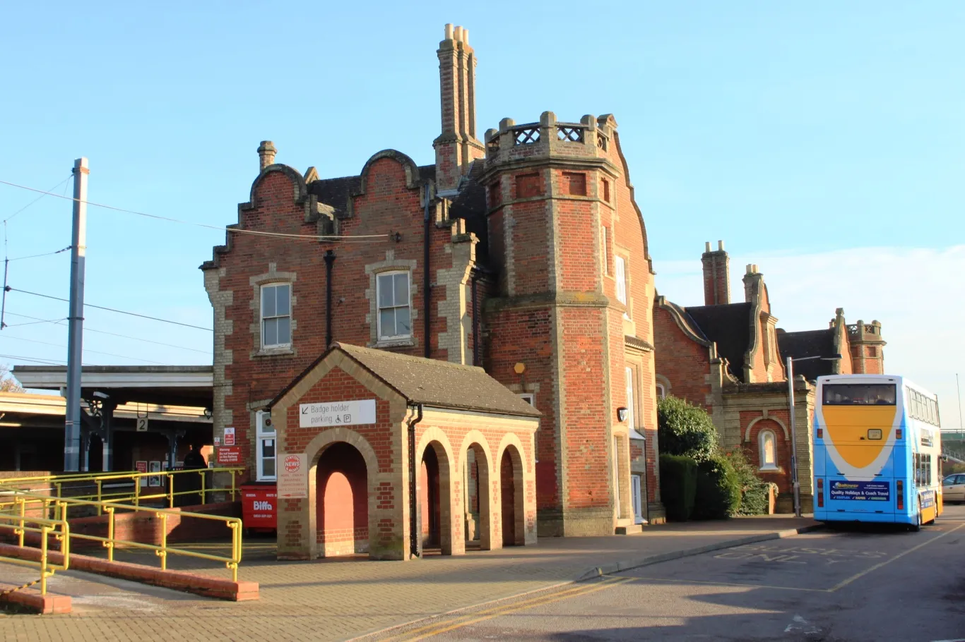 Photo showing: The railway station at Stowmarket, viewed from the north of the station car park.