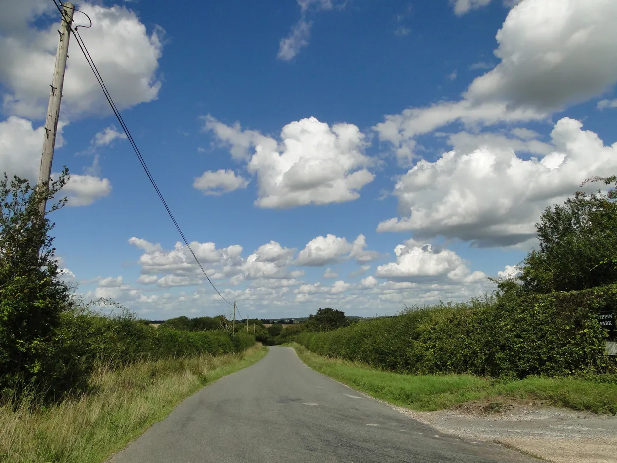 Photo showing: Approaching Cowlinge Corner under blue skies