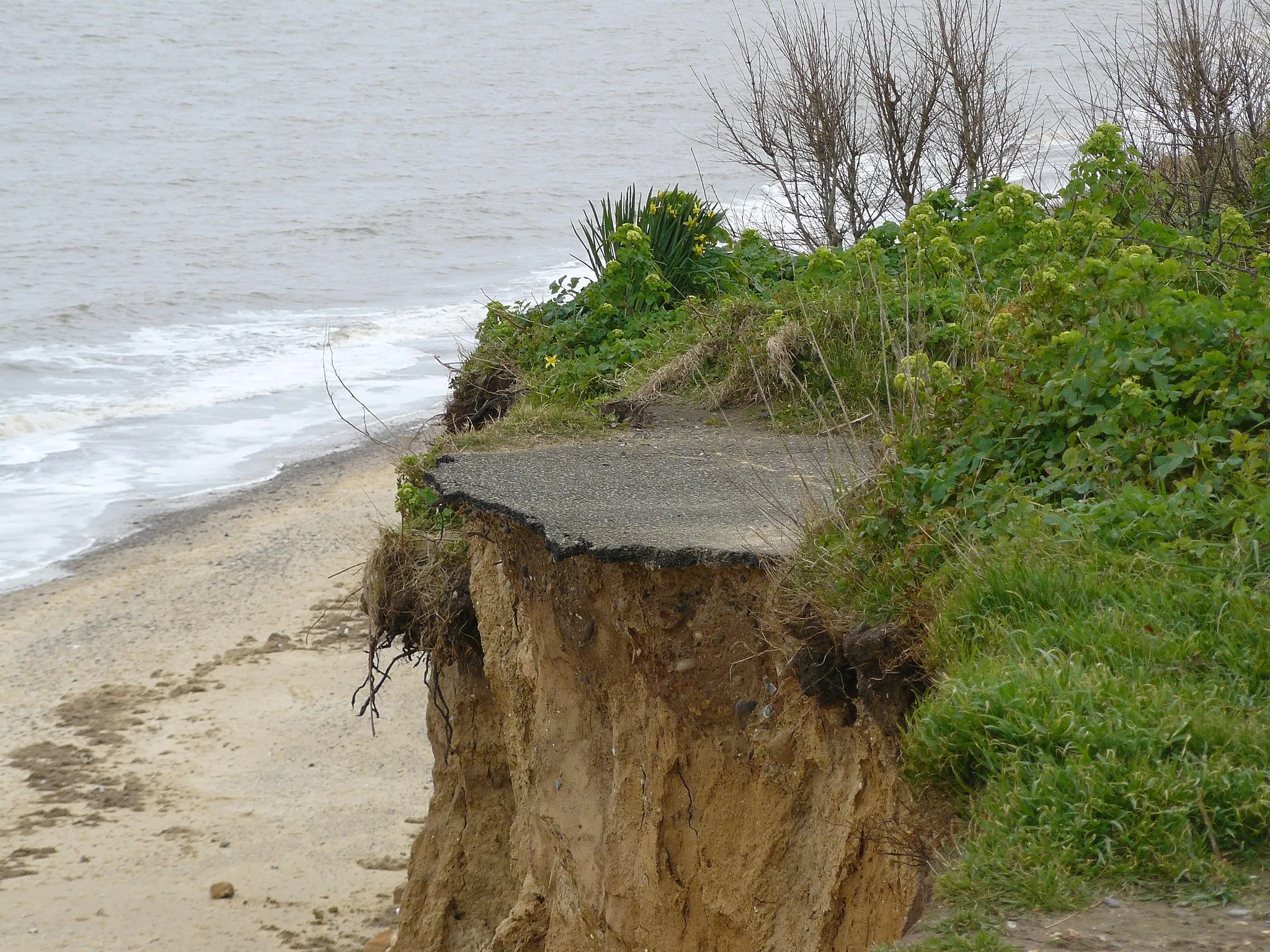 Photo showing: In the Suffolk village of Covehithe the road goes straight over the edge of the cliff!