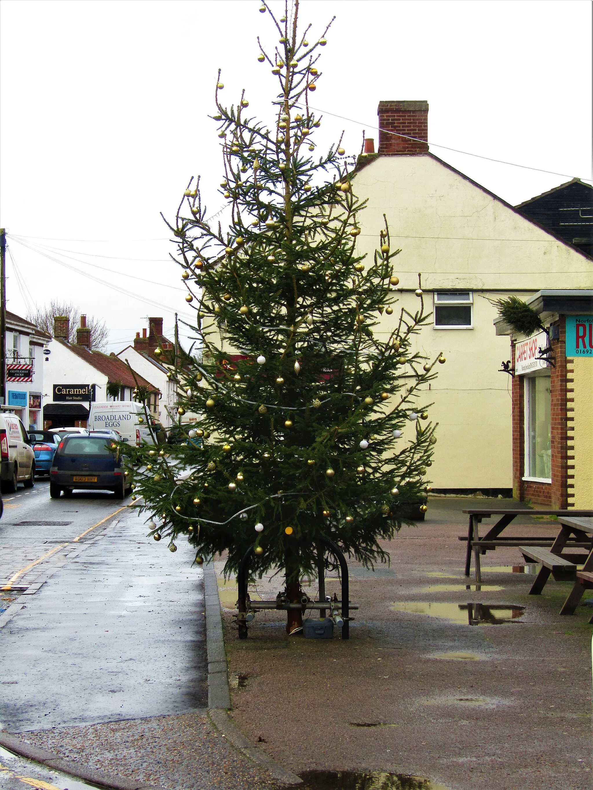 Photo showing: The town Christmas tree which is located on the High street in the town of Stalham, Norfolk, England.