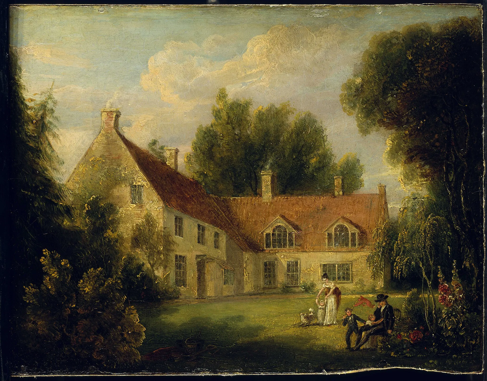 Photo showing: The Rectory, Burnham Thorpe, Norfolk Apparently the source of the engraving of Nelson's birthplace, entitled on the plate 'The Parsonage House of Burnham Thorpe' (see PAF4316), which appeared in the first volume of Clarke and McArthur's 'Life of Nelson' (1809). There has been longstanding confusion about the artist, whose name is given as 'F. Pocock' on the plate and has been expanded in various sources to 'Francis Pocock', though apparently otherwise unknown. Clarke and McArthur's index clearly states the image was painted by 'J. Pocock' from an 'exact drawing in possession of Earl Nelson', the admiral's elder brother, William. Allowing the traditional interchangeability of 'I' and 'J' this can only indicate Isaac Pocock, the painter son of Nicholas, the marine artist, who himself did much work for their book: 'F' on the plate is therefore probably just a slip. The house itself had been two large cottages, knocked together. It was bitterly cold in winter and was demolished in 1802.  The drawing on which this view was based has not been located and BHC1771 is another oil on panel version, of uncertain authorship, with the same imagined Nelson family group in the foreground. In this young Horatio is presumably the boy dressed in blue with a red flag, with his parents and a sibling. Isaac Pocock (1782-1835) trained as a portraitist under Romney and Beechey but also did historical compositions. He exhibited at the Royal Academy, the British Institution and the Liverpool Academy, but from 1809 turned to playwriting, at which he had considerable success. In 1818 his inheritance of the Maidenhead estate of his former sea-captain uncle, Sir Isaac, ended his painting career but he continued writing popular drama to his death. PvdM 5/05
The Rectory, Burnham Thorpe, Norfolk