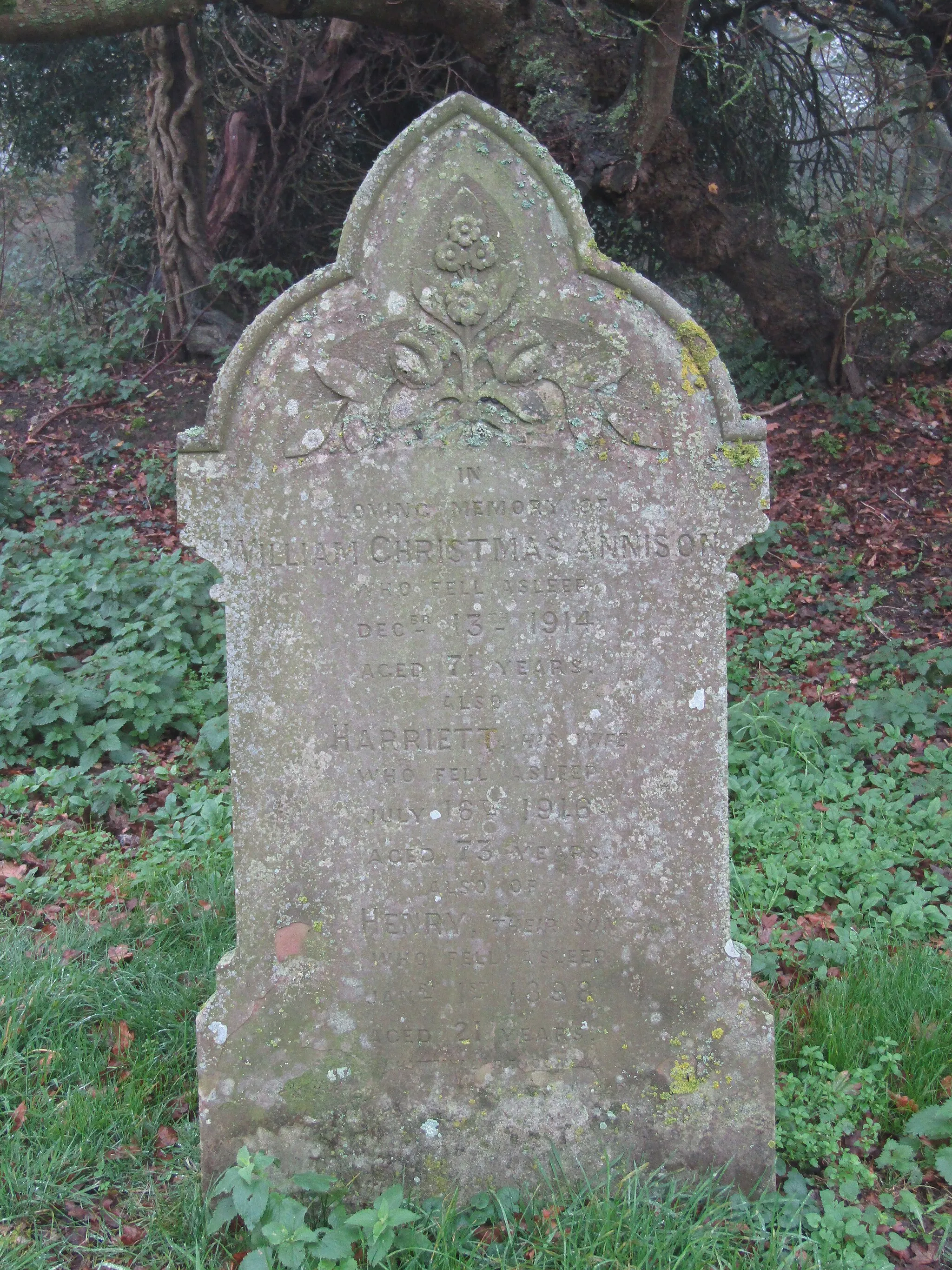 Photo showing: The gravestone of William Christmas Annison in the churchyard of Saint Peters church which is located in the village of North Barningham, Norfolk, England. William Christmas Annison died on the 13 December 1914 aged 71,