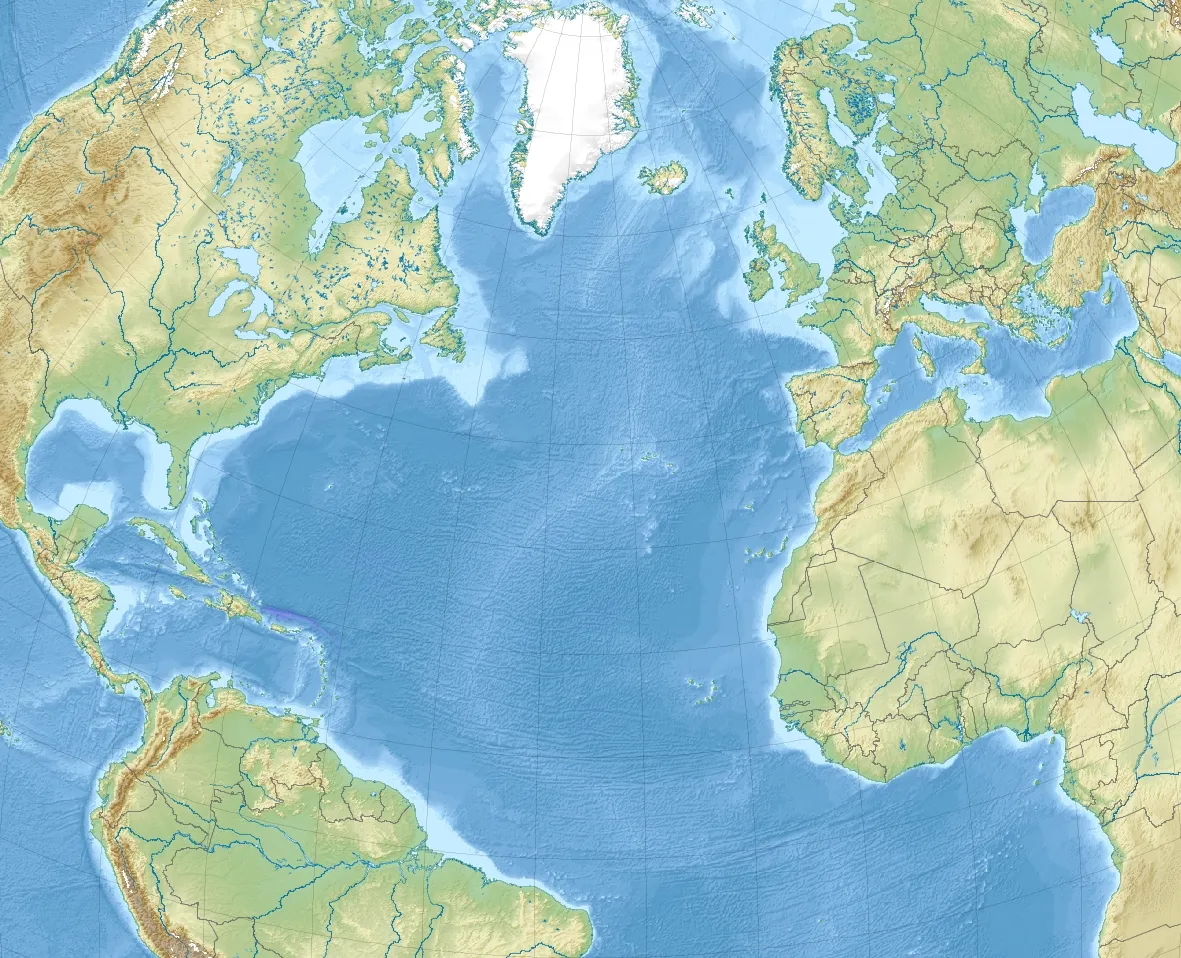 Photo showing: Relief location map of North_Atlantic_Ocean.
Projection: Lambert azimuthal equal-area projection.
Area of interest: N: 80.0° N
S: -10.0° N
W: -90.0° E
E: 20.0° E Projection center: NS: 35.0° N
WE: -35.0° E GMT projection: -JA-35.0/35.0/180/19.998266666666666c
GMT region: -R-90.20792279565853/-21.091764445478827/71.02192702284165/38.61651360858501r
GMT region for grdcut: -R-142.0/-22.0/72.0/84.0r
Relief: SRTM30plus.
Made with Natural Earth. Free vector and raster map data @ naturalearthdata.com.