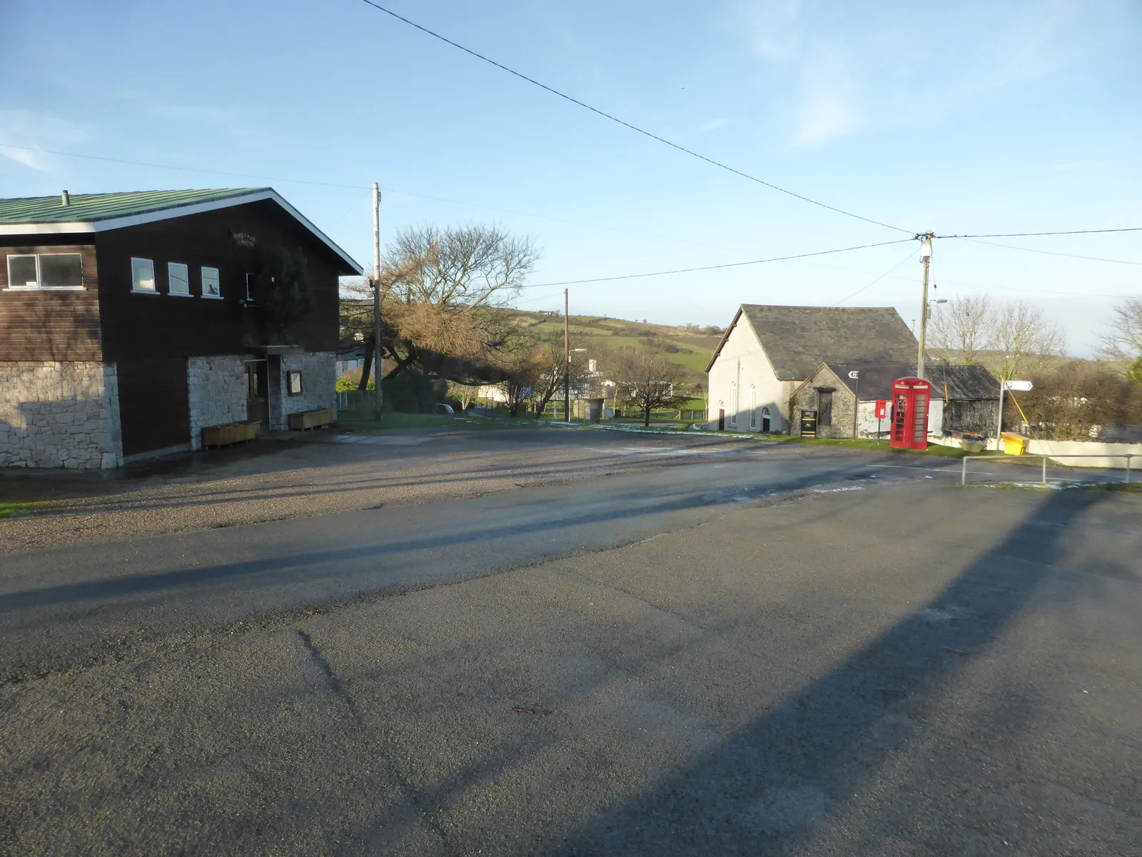 Photo showing: Llanefydd village hall, car park & phone box