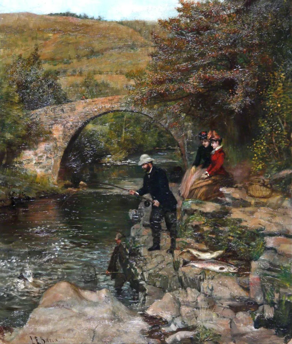 Photo showing: Madame Patti Watching Nicolini Landing a Salmon, Pont Pantysgallog // y Gaer Museum, Art Gallery & Library.

Adelina Patti was a world renowned soprano who purchased Craig-y-Nos Castle in the Upper Swansea Valley and Brecon Beacons. She lived there with her second husband, tenor Ernest Nicolini, until his death. Pont Pantysgallog is a beautiful bridge over the River Usk.