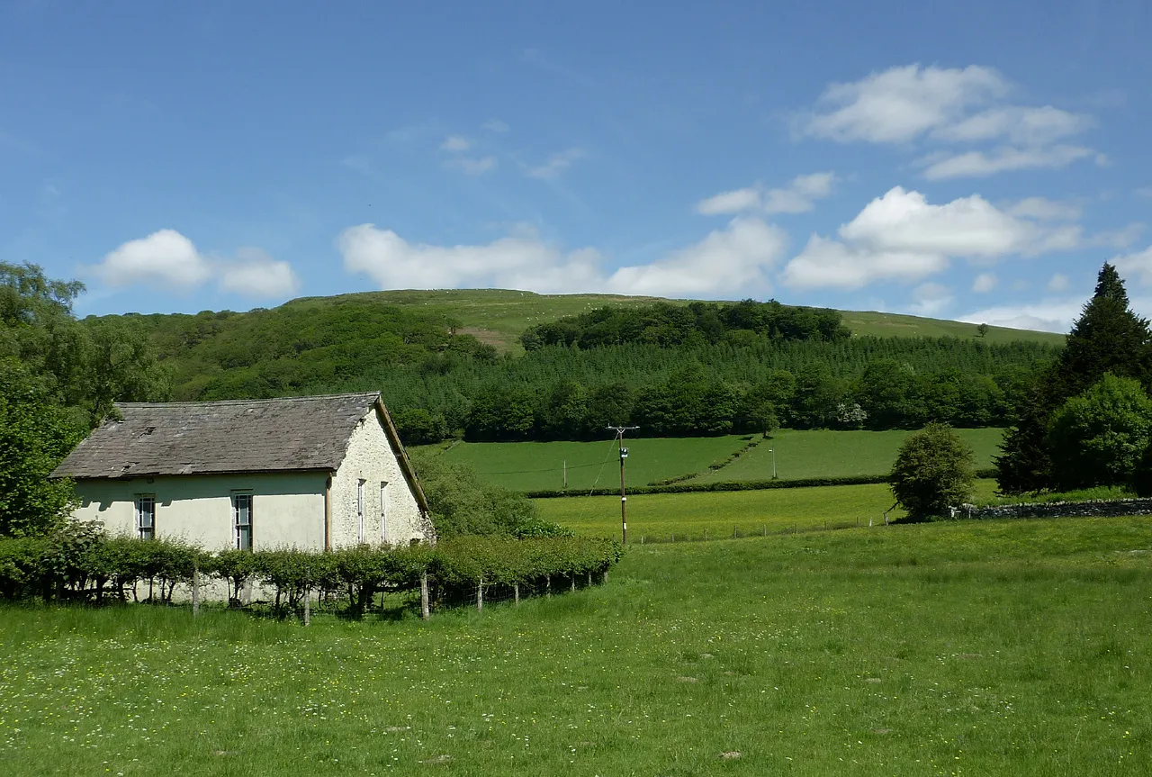 Photo showing: Farmland and forest near Abergwesyn, Powys