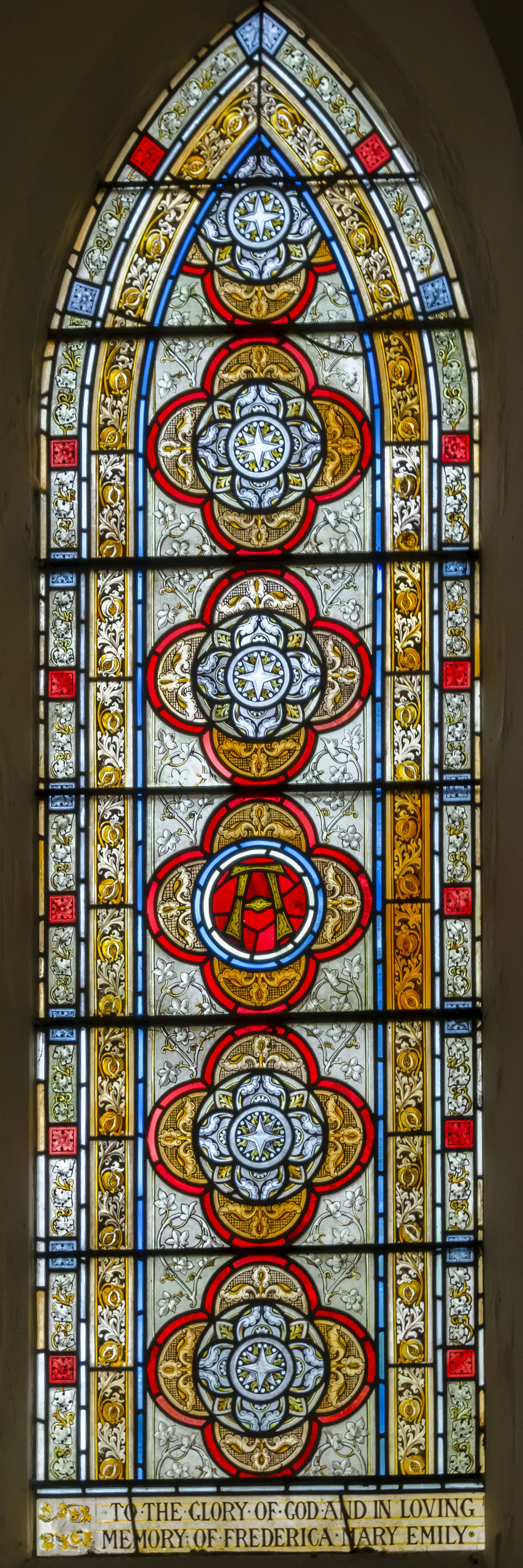Photo showing: Located in the apse, detail of a memorial window to the only child of the Brewsters, Frederica Mary Emily, who died in 1880, aged 19.