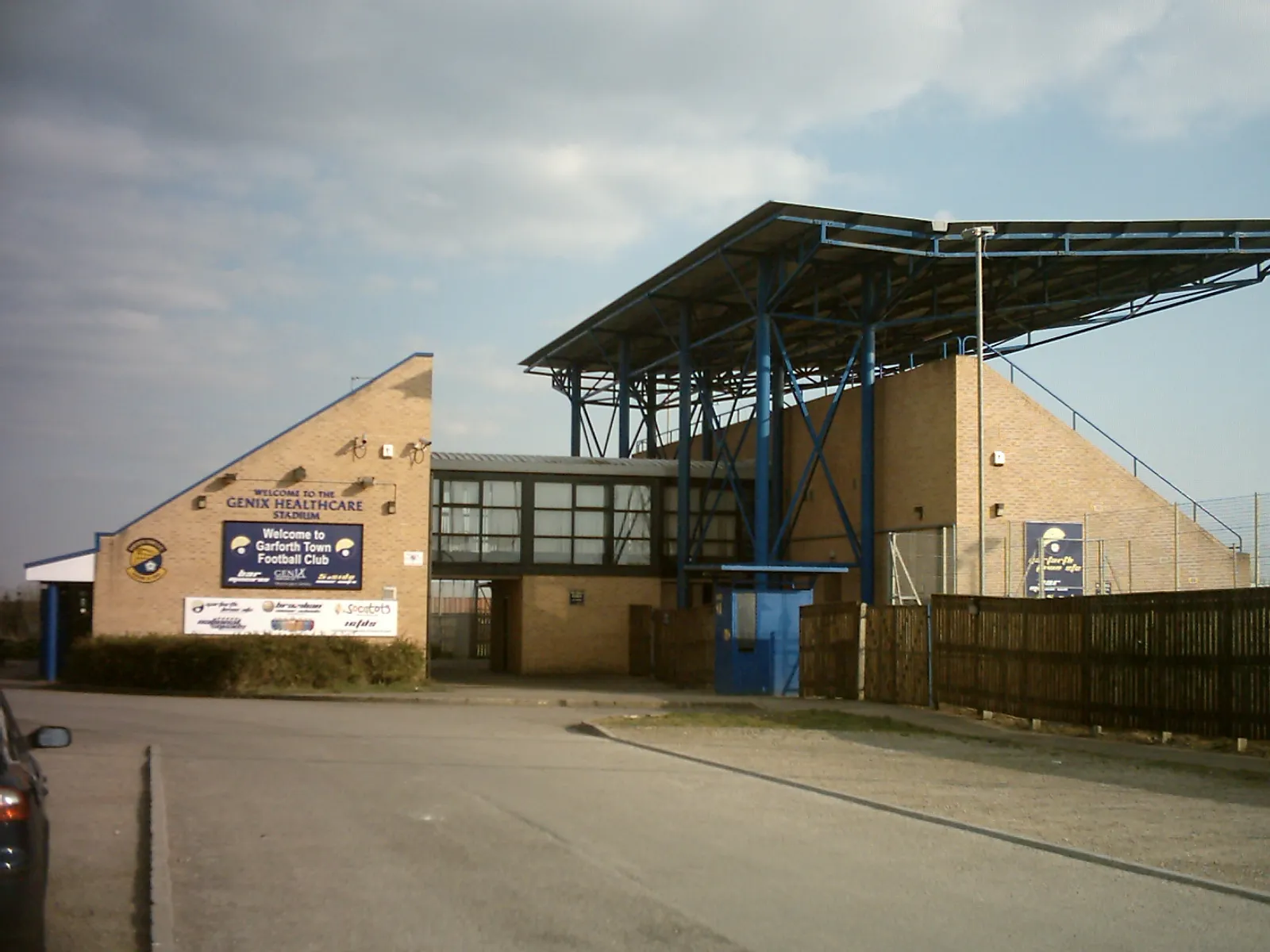 Photo showing: The Exterior of the Main Stand at the Genix Healthcare Stadium in Garforth West Yorkshire, home to Garforth Town.  Taken on the afternoon of the 1st April 2009.