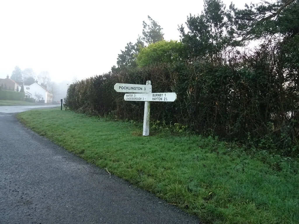 Photo showing: Fingerpost on Church Lane, Nunburnholme, East Riding of Yorkshire, England. Nunburnholme and the hamlet of Kilnwick Percy make up the civil parish of Nunburnholme, which is situated some 3 miles to the east of Pocklington. It has a population of about 250 and the parish contains 1,857 acres. Formerly called Brunham the settlement dates back to Saxon times.