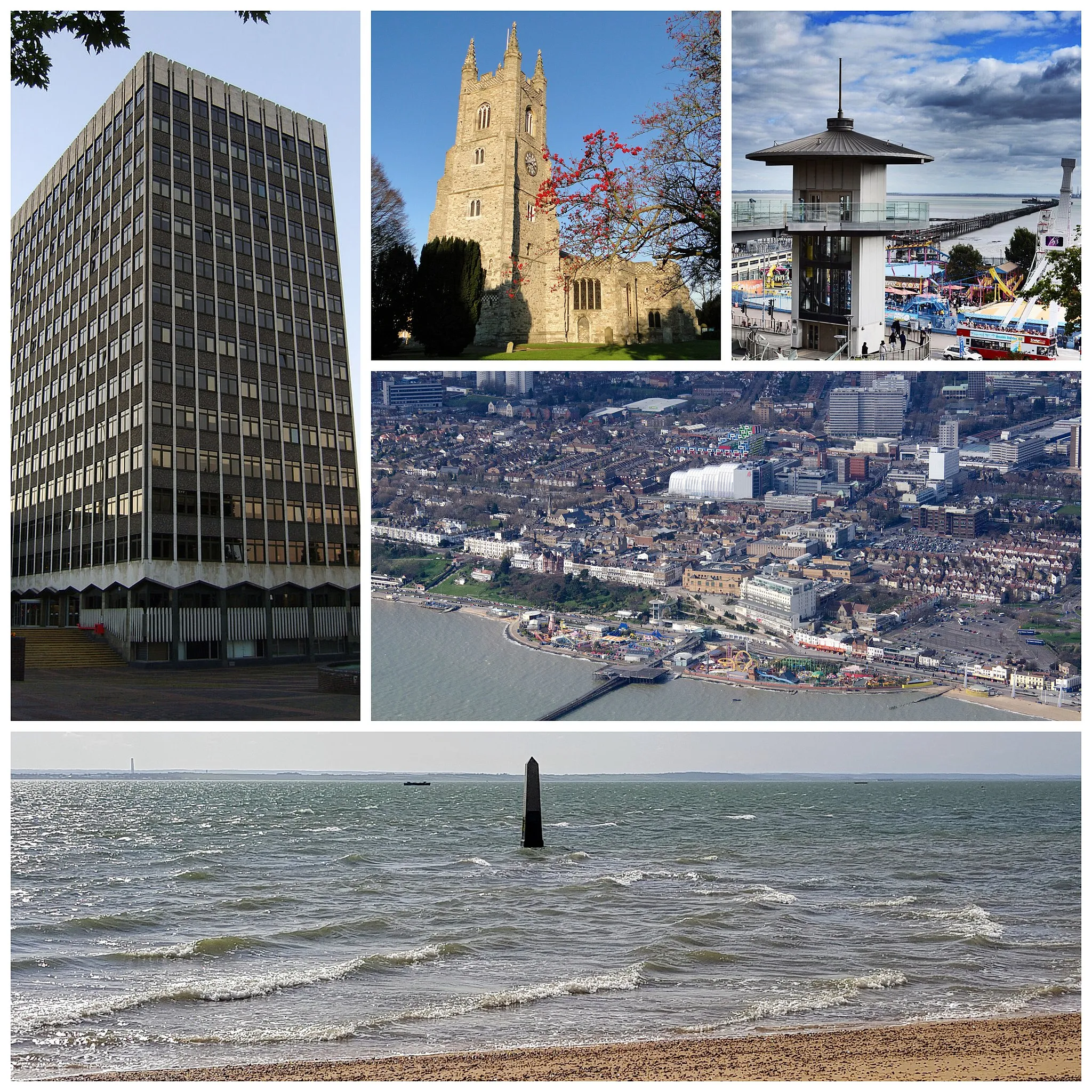 Photo showing: == Summary ==

DescriptionSouthend-on-Sea Collage 2022.jpg

Clockwise from top left: Southend Civic Centre, St Marys Church, Southend Pier, Southend-on-Sea City aerial view, and the Crowstone
Date

14:11, 04 September 2022
Source

Derived from (File: Southend - Civic Centre.jpg), (Prittlewell, Essex - St.Marys Church.jpg), (File:Southend pier, with lift providing access.jpg), (Southend aerial image - on the coast of Essex UK (13497304904).jpg) and (File:The Crowstone 20180314 122134 (48823012447).jpg),
Author

Damian Dukarski (File:Southend - Civic Centre.jpg) Lonpicman (Prittlewell, Essex - St.Marys Church.jpg) srfurley (File:Southend pier, with lift providing access.jpg) Irid Escent (File:The Crowstone 20180314 122134 (48823012447).jpg) John Fielding from Norwich, UK (Southend aerial image - on the coast of Essex UK (13497304904).jpg)