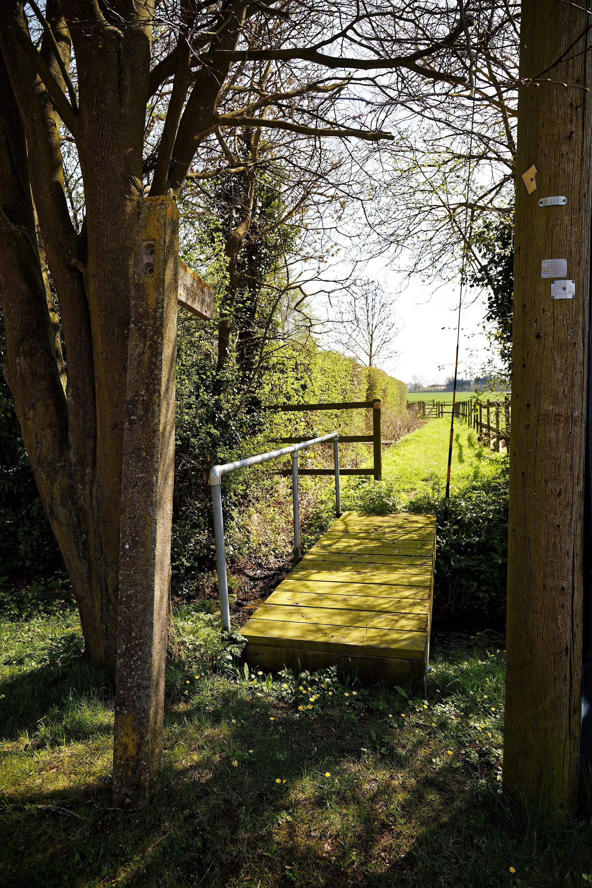 Photo showing: Bridge for a public footpath over a roadside stream at the Bacon End road junction, to the northeast of the village of Great Canfield, in Essex, England. Camera: Canon EOS 6D Mark II with Canon EF 24-105mm F4L IS USM lens. Software: RAW file lens-corrected, optimized and downsized with DxO PhotoLab, Viewpoint 3, and Adobe Photoshop CS2.