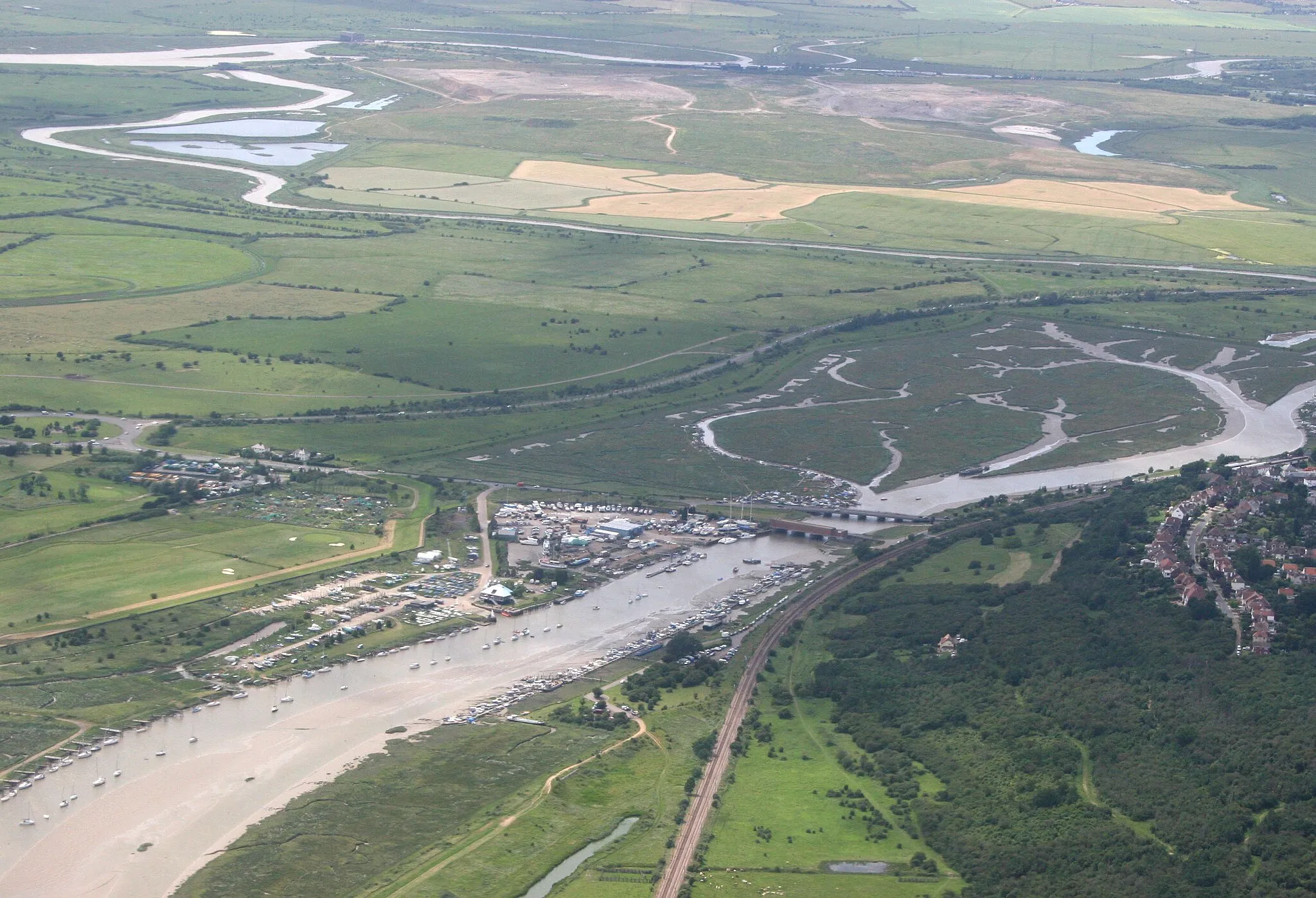 Photo showing: aerial view of the road onto Canvey Island and Benfleet Creek