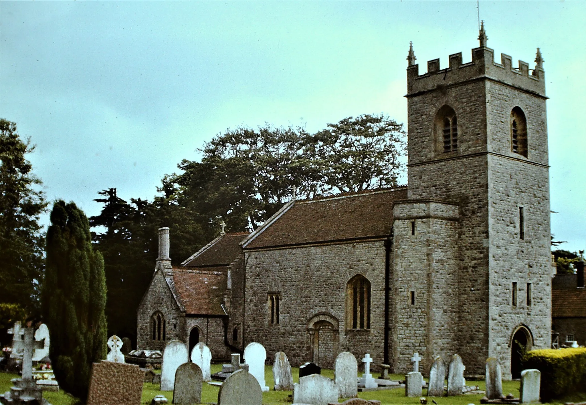 Photo showing: Westbury-sub-Mendip Church (St. Lawrence), Somerset, August 1978. 12th Century Norman but mostly 13th Century Early English and 15th Century Perpendicular. Restored/rebuilt 1887. Scanned slide.