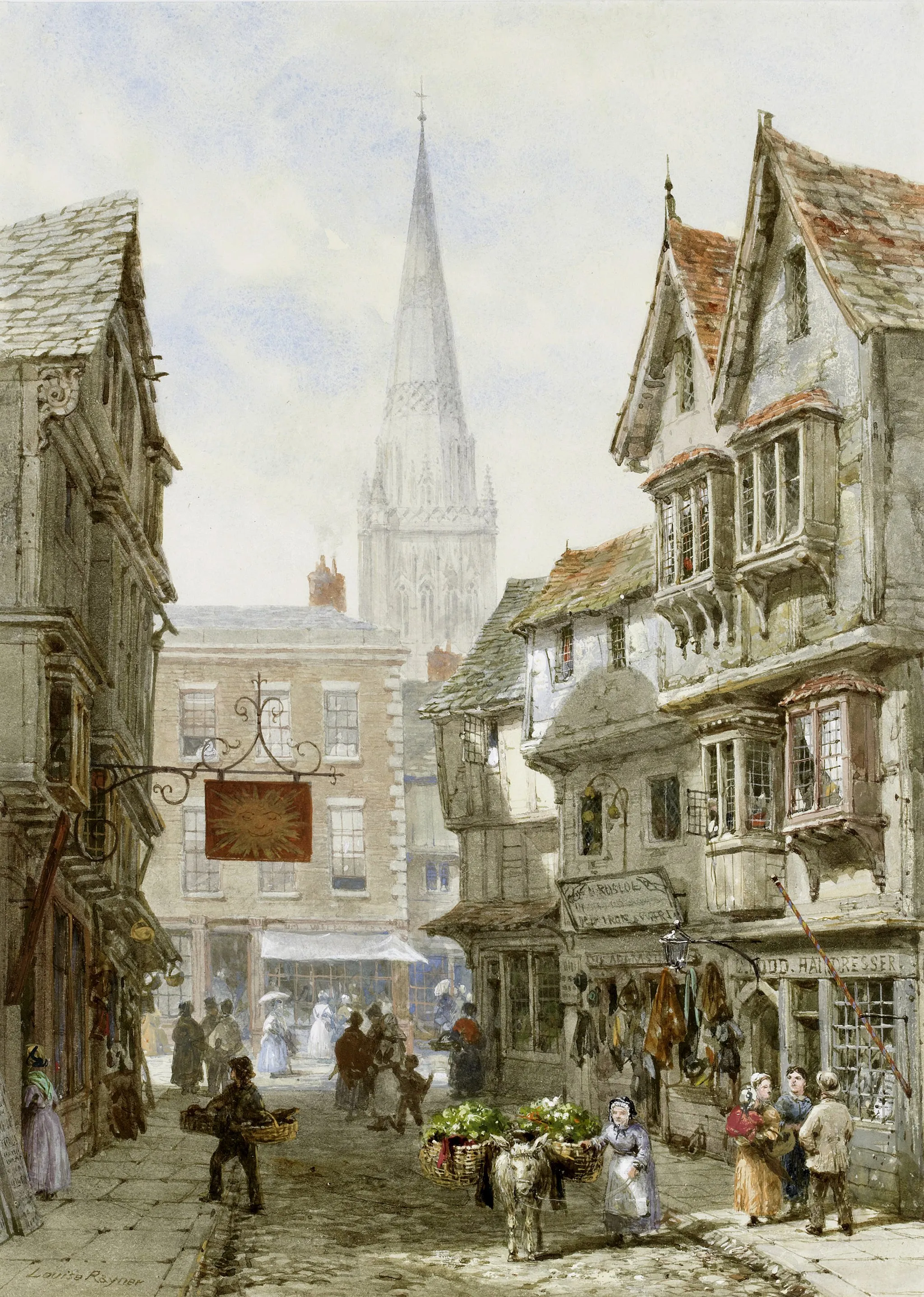 Photo showing: Minster Street, Salisbury. Signed Louise Rayner.  Watercolour and gouache, 34.5 x 25 cm