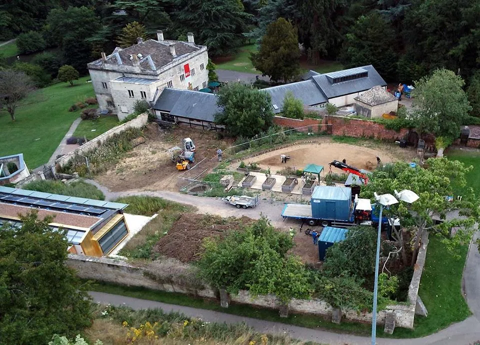 Photo showing: Kite aerial photograph of the restoration of the walled garden at the Museum in the Park, Stroud, Gloucestershire, UK.