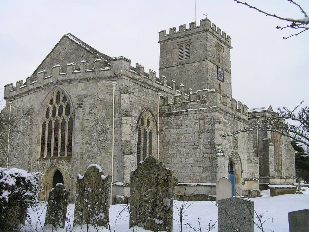 Photo showing: All Saints' parish church, Broad Chalke, Wiltshire, England, seen from the southwest in snow on 2 February 2009