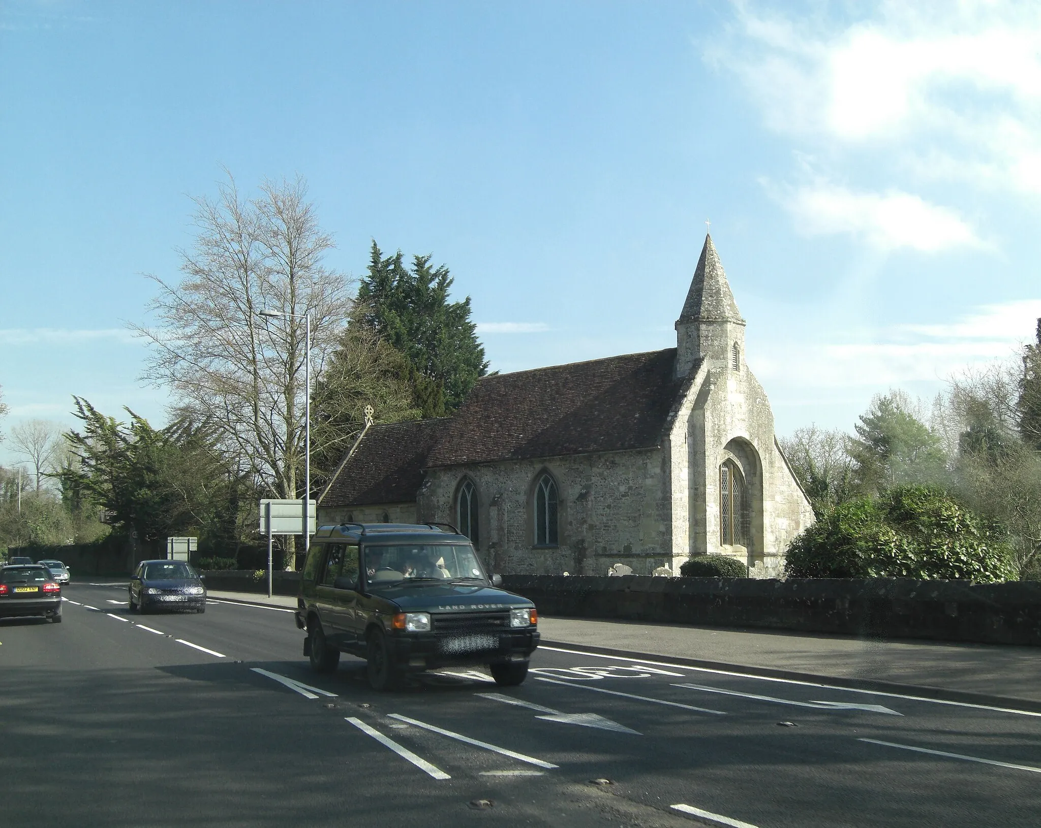 Photo showing: A36 passes the Church of St Peter