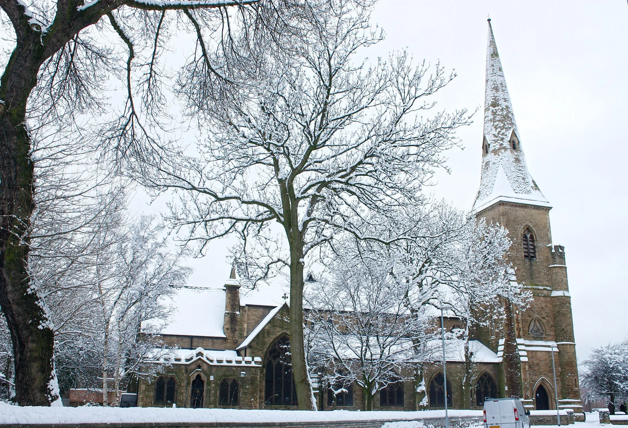 Photo showing: St James Church Gorton, winter snow trees