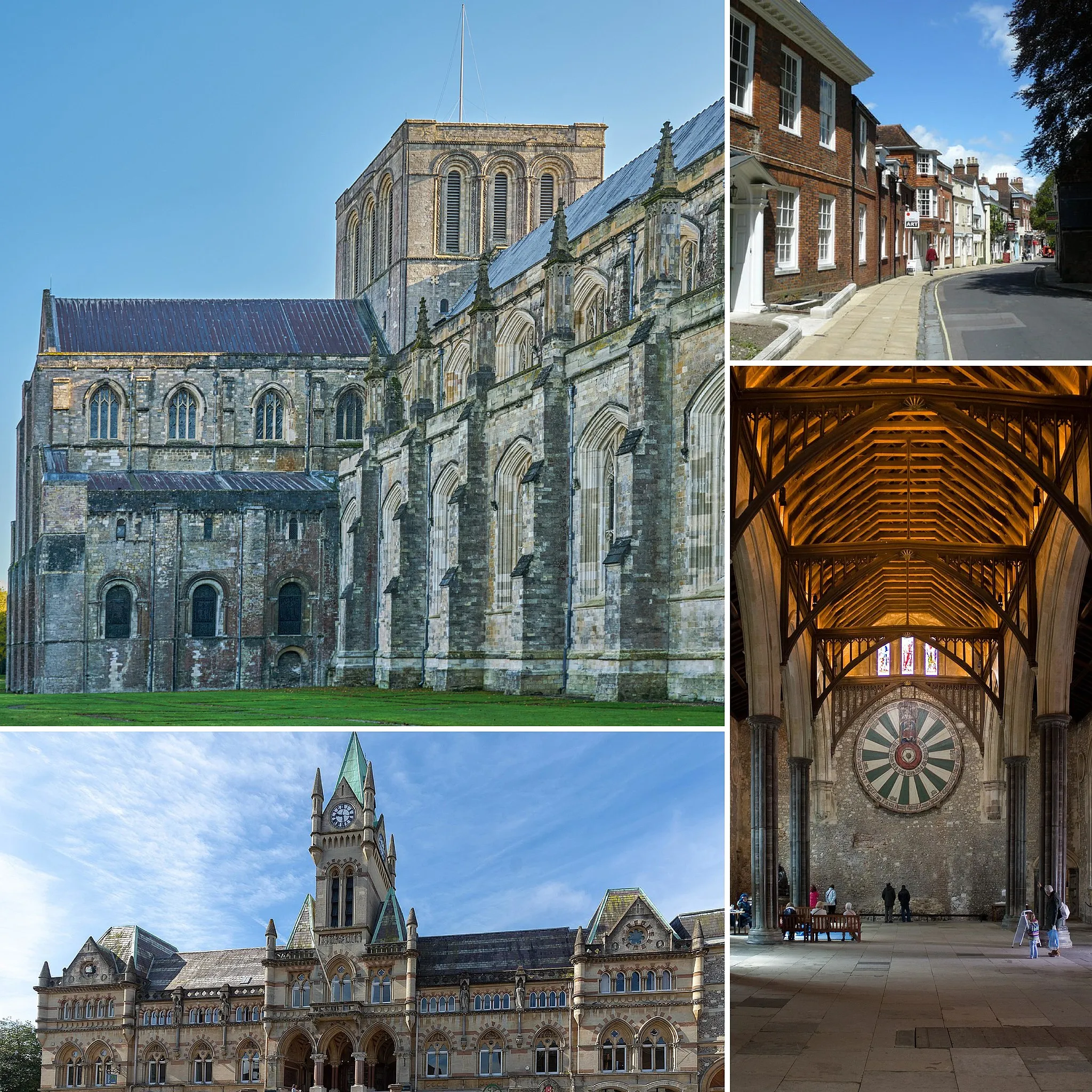 Photo showing: A collection of images on Winchester landmarks, including the Cathedral and Guildhall.