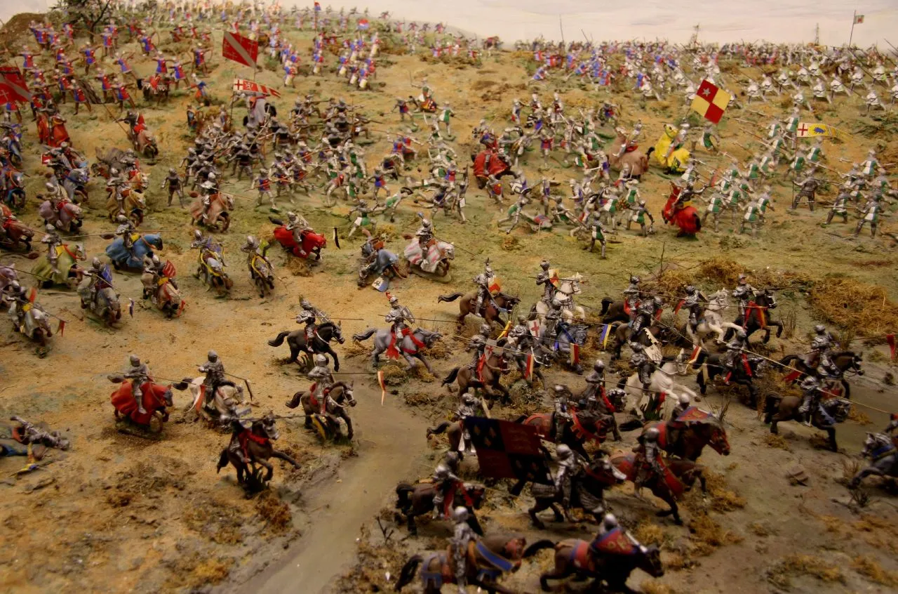 Photo showing: Bosworth Battlefield Heritage Centre's model diorama of the Battle of Bosworth Field, installed since its establishment in 1974.