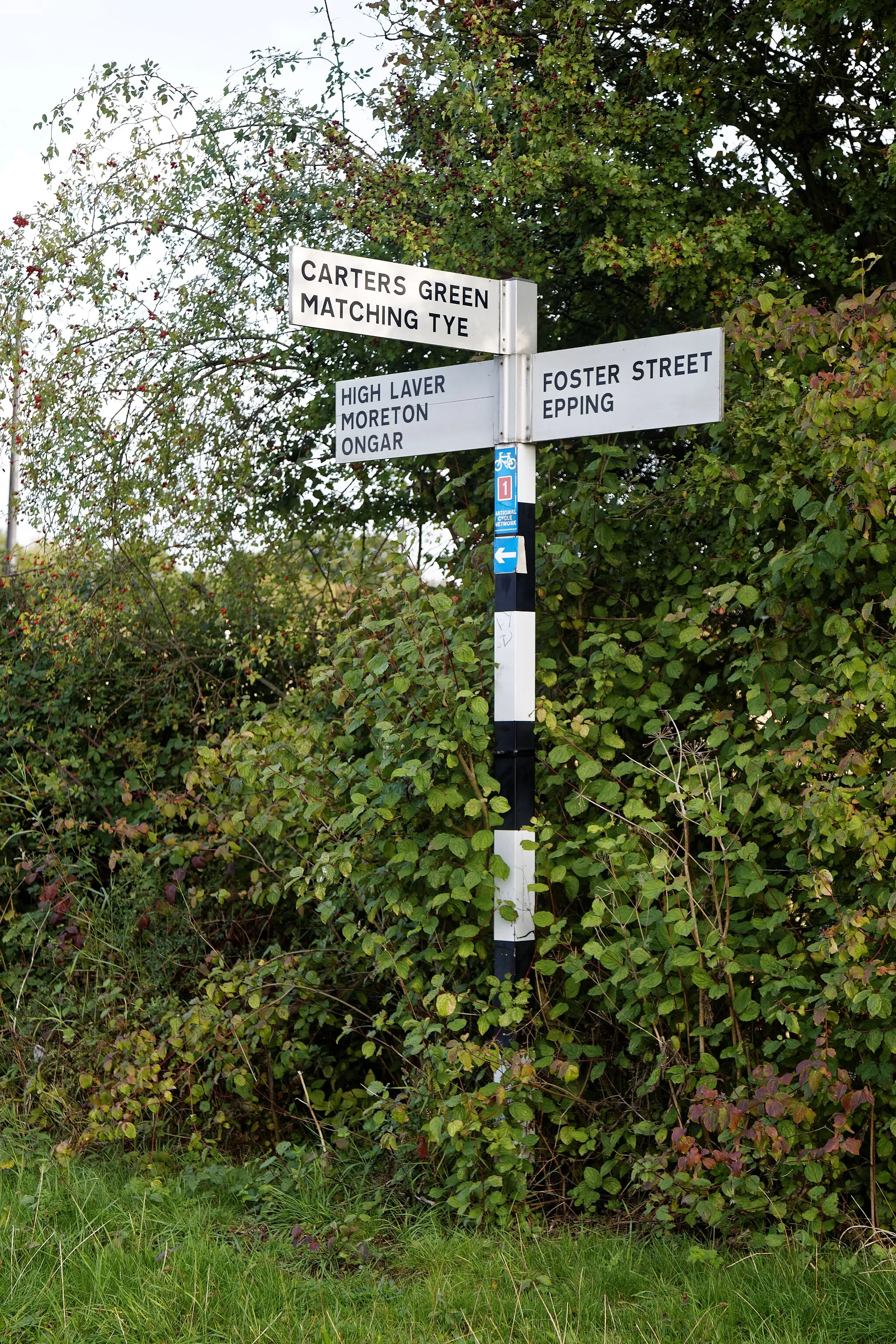 Photo showing: A fingerpost at the absolute border between the civil parishes of High Laver and Matching, in Essex, England.