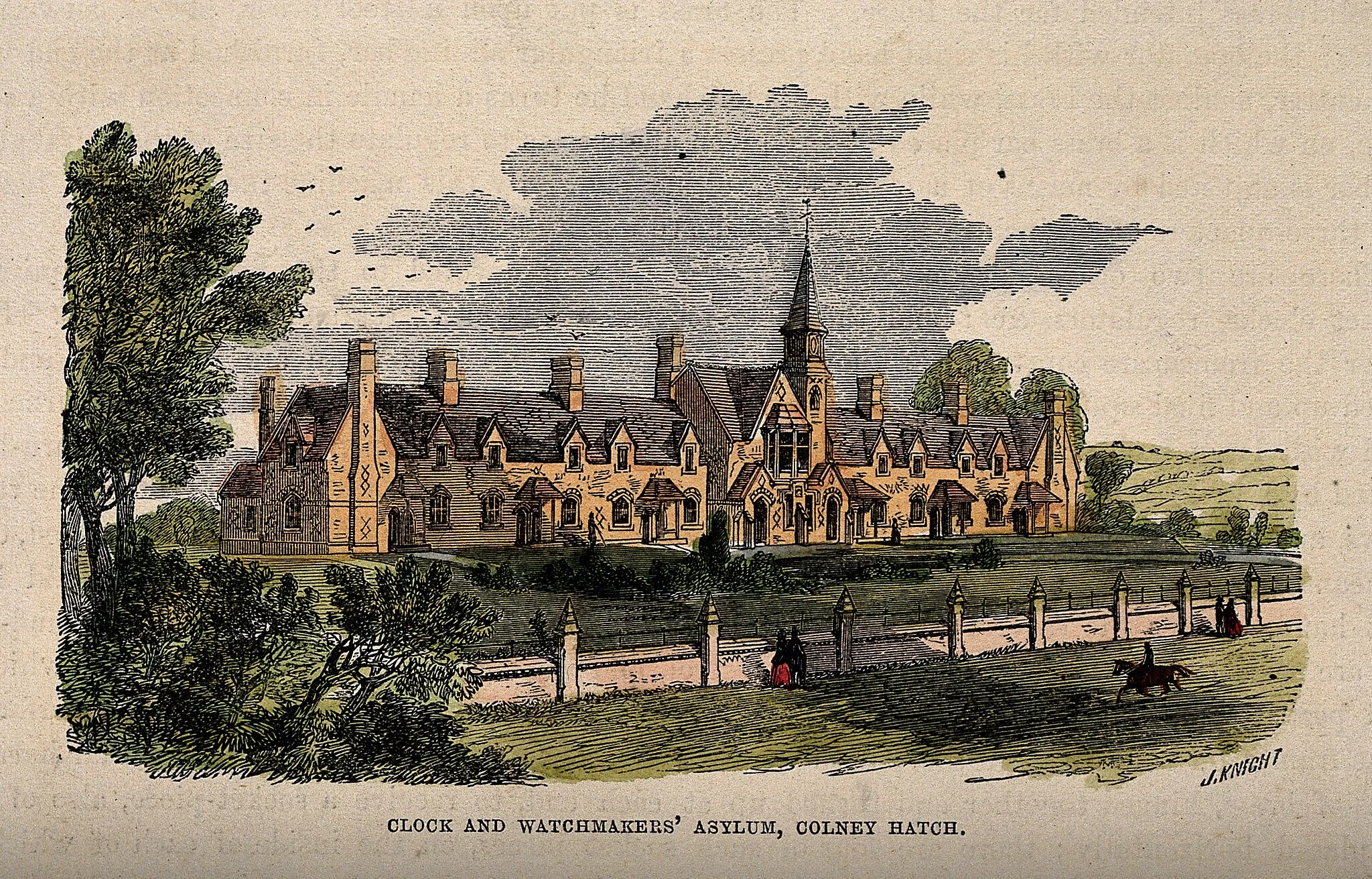 Photo showing: Clock and Watchmakers Asylum, Colney Hatch, Southgate, Middlesex: panoramic view. Coloured wood engraving by J. Knight.

Iconographic Collections
Keywords: J. Knight