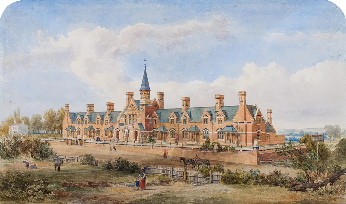 Photo showing: Ink and watercolour architectural elevation. The Asylum, later Friern Hospital, was opened in 1857. 22.5x37.5 inches (arched). Offered for sale by Abbott & Holder in June 2019.