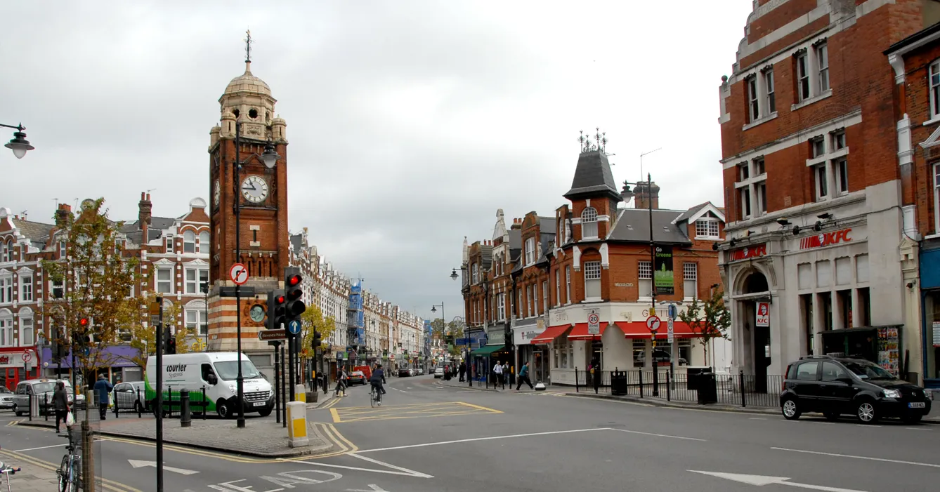 Photo showing: Crouch End Broadway, looking north. Park Road branches to the left and Tottenham Lane to the right.