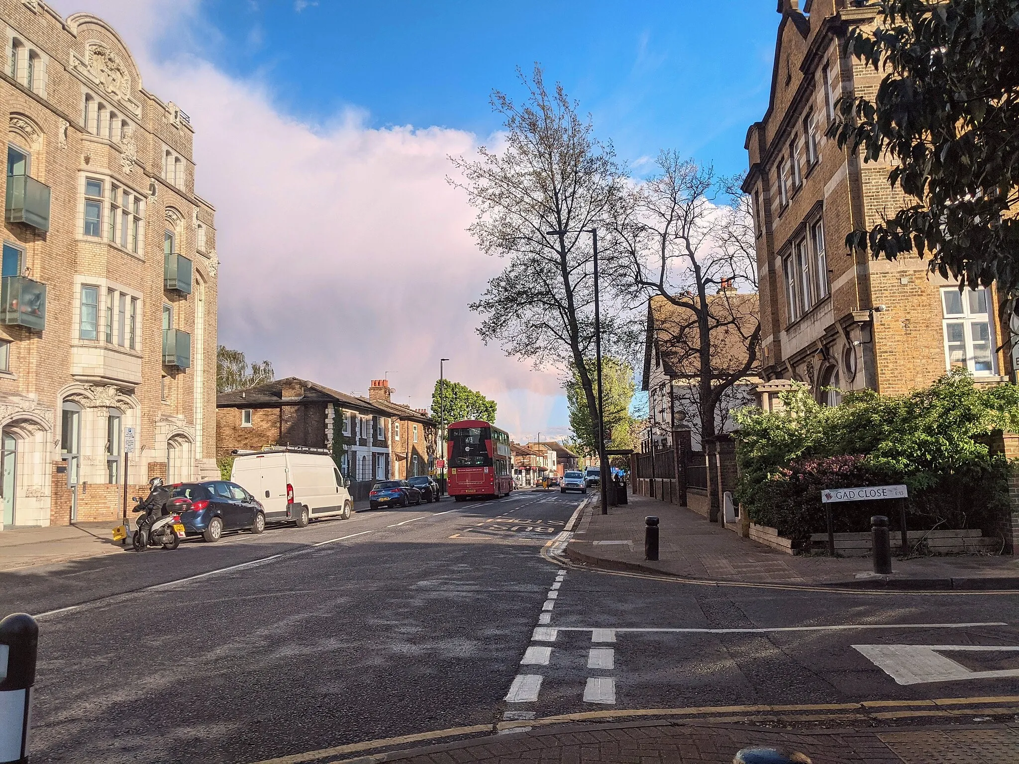 Photo showing: Looking south down Greengate Street in Plaistow. The old Red Triangle Club building is in the foreground.