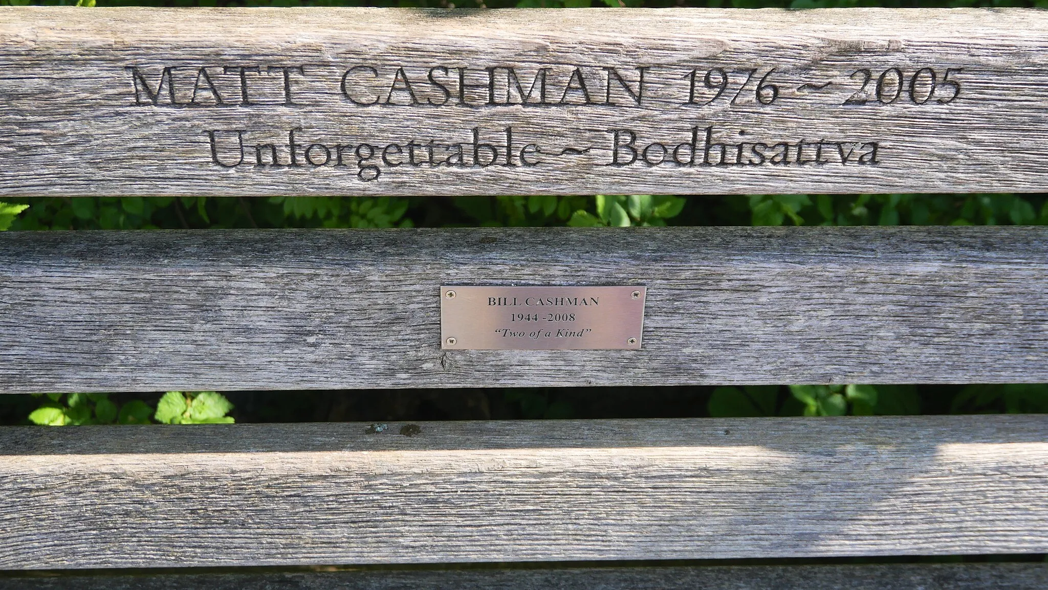 Photo showing: MATT CASHMAN 1976 ~ 2005
Unforgettable ~ Bodhisattva

[Metal Plate]
BILL CASHMAN
1944 -2008
"Two of a kind"