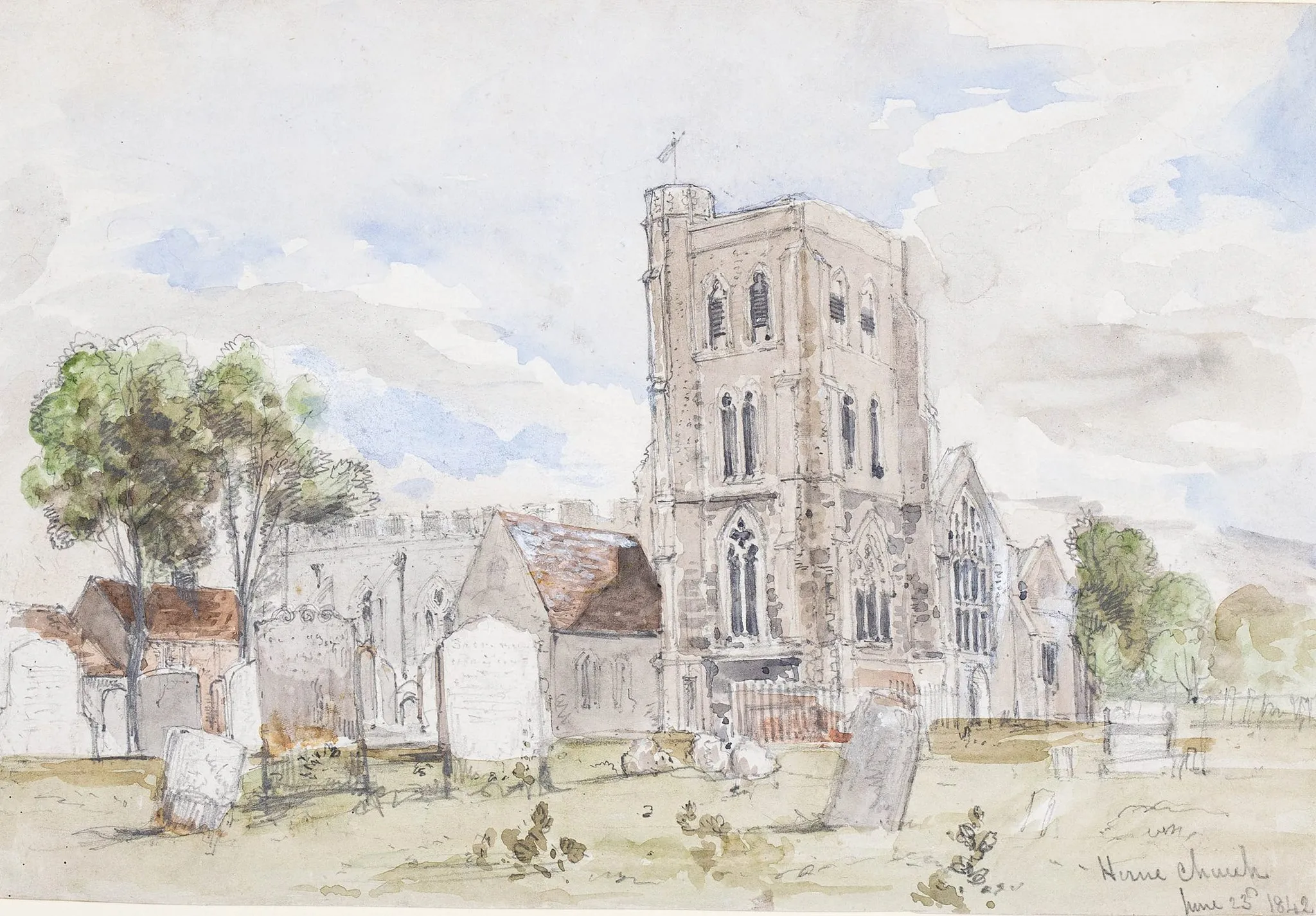 Photo showing: Offered for sale in November 2019 by Abbott and Holder, when it was described as "KENT (subject) Anon. 1842. ‘Herne Church’. Pencil, watercolour and gouache. Inscribed and dated, 23rd June 1842. Provenance: Album of Ebenezer Landells studies. 7.25x10.75 inches."