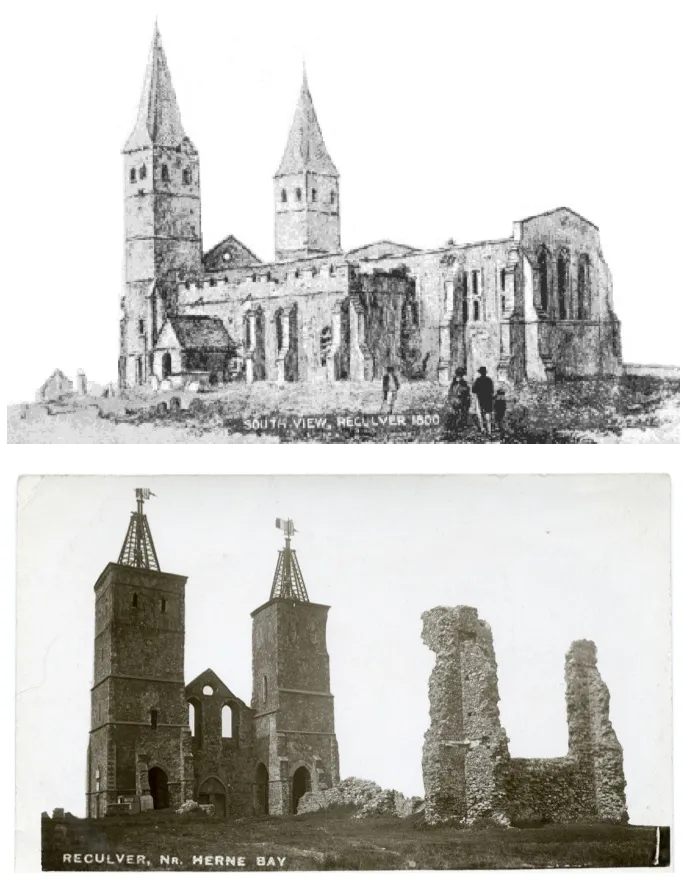 Photo showing: These paired images show St Mary's Church, Reculver, Kent as it was in 1800 (above), and in the early 1900s (below), viewed from the south-east