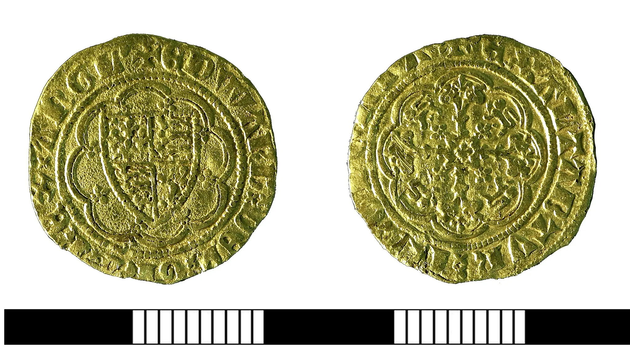 Photo showing: A gold quarter noble of Edward III (1227-1277), Treaty Series dating from 1363-1369. Legends have double saltire stops; there is a lys at the centre of the reverse. London mint. As North (1991) 1243.