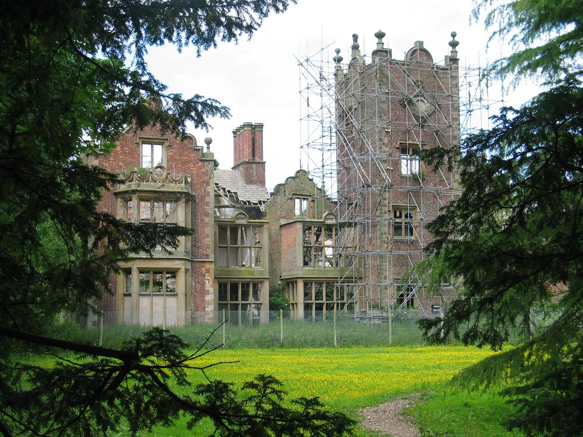 Photo showing: A View of the Bank Hall Tower Lawn covered in buttercups, May 2008