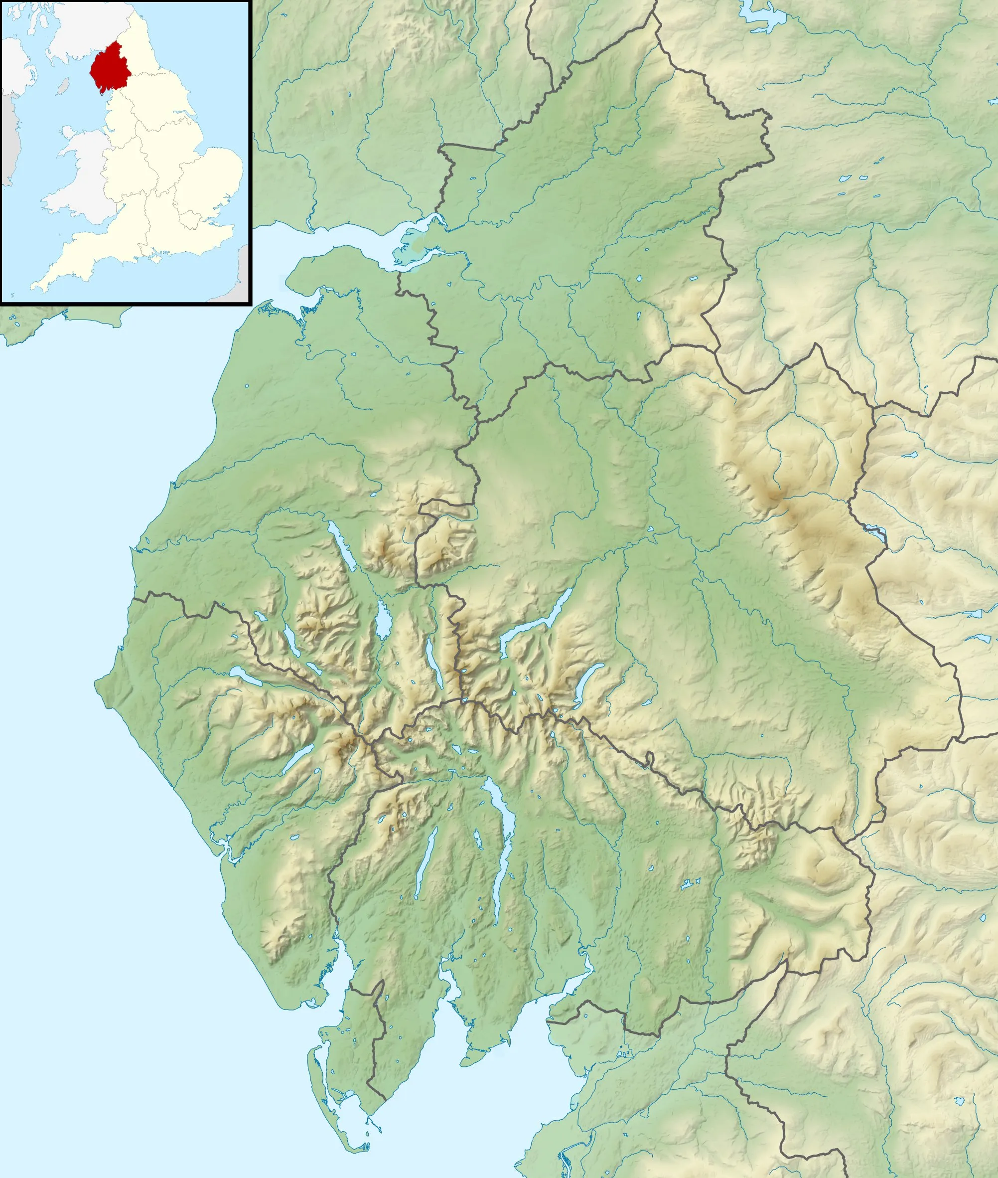 Photo showing: Relief map of Cumbria, UK.
Equirectangular map projection on WGS 84 datum, with N/S stretched 170%
Geographic limits:

West: 3.80W
East: 2.10W
North: 55.20N
South: 54.02N