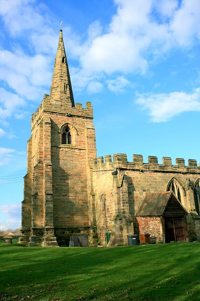 Photo showing: West tower and spire of St Mary the Virgin's parish church, Weston on Trent, Derbyshire, seen from the south